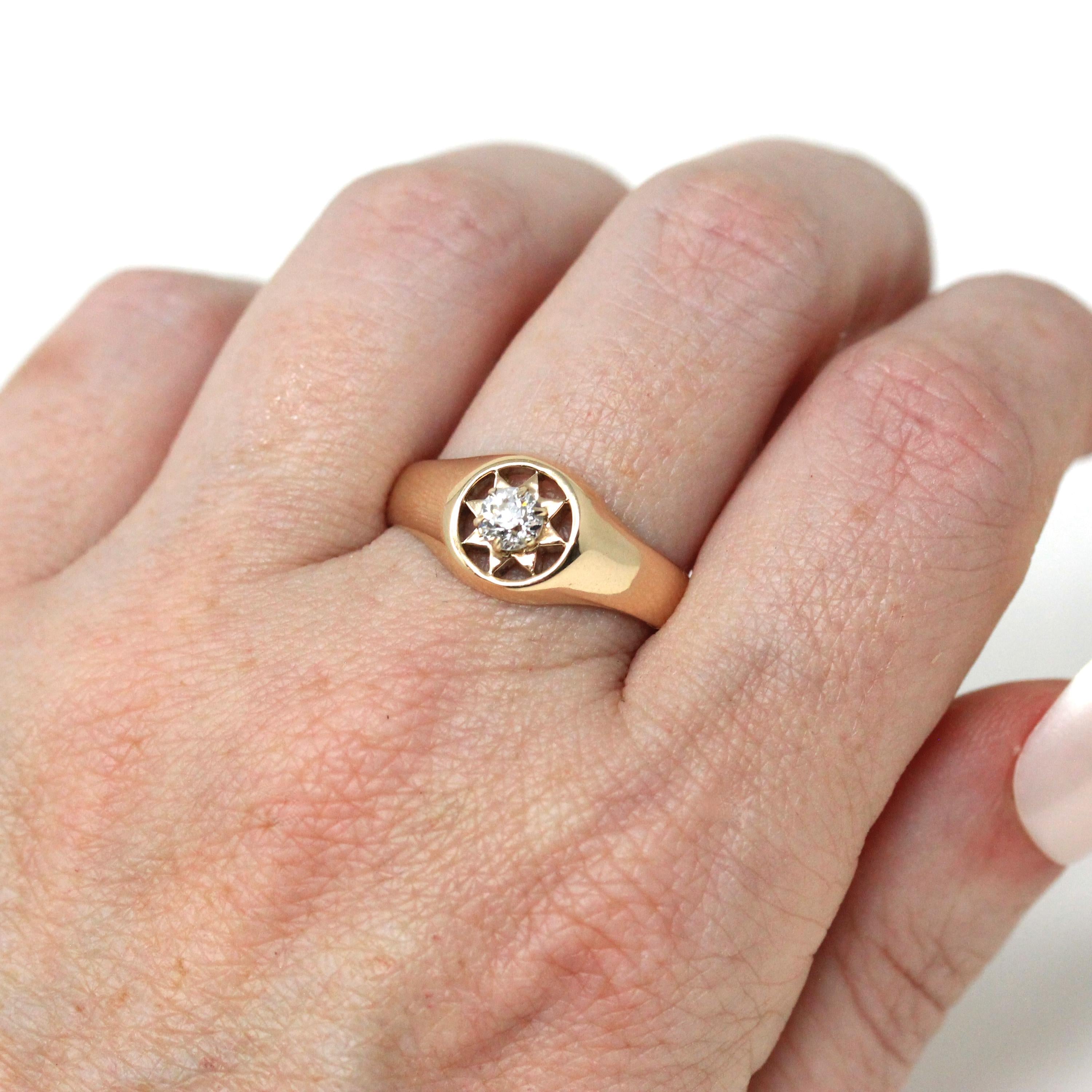 Antique Diamond Sun Ring - Edwardian 14k Yellow Gold .27 CT Solitaire - Circa 1910s Size 8.75 Celestial Men's Unisex Fine Engagement Jewelry