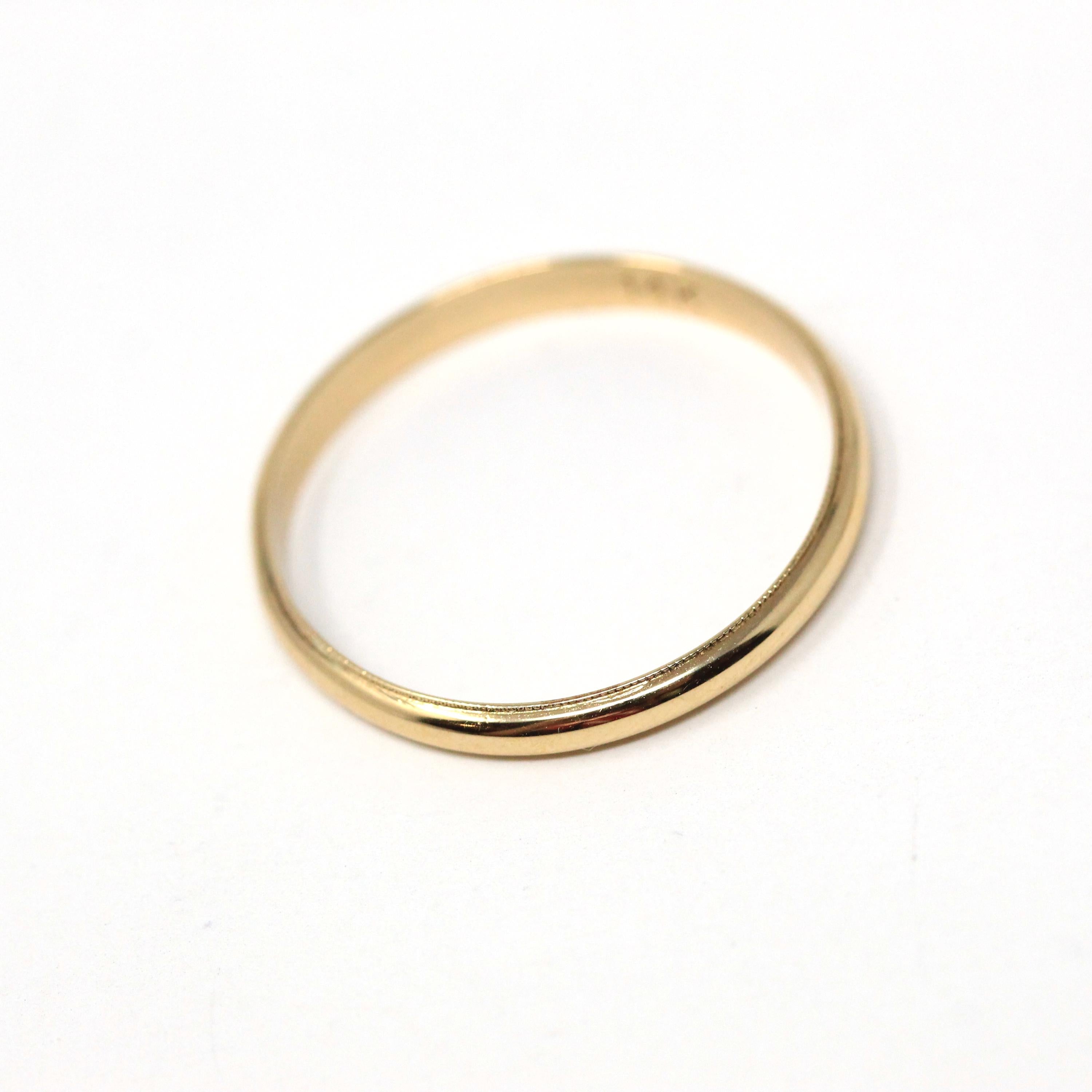 Vintage Wedding Band - Retro 14k Yellow Gold Plain Half Round 2.9 MM Milgrain Unisex Ring - Circa 1960s Era Size 11 1/2 Fine Bridal Jewelry
