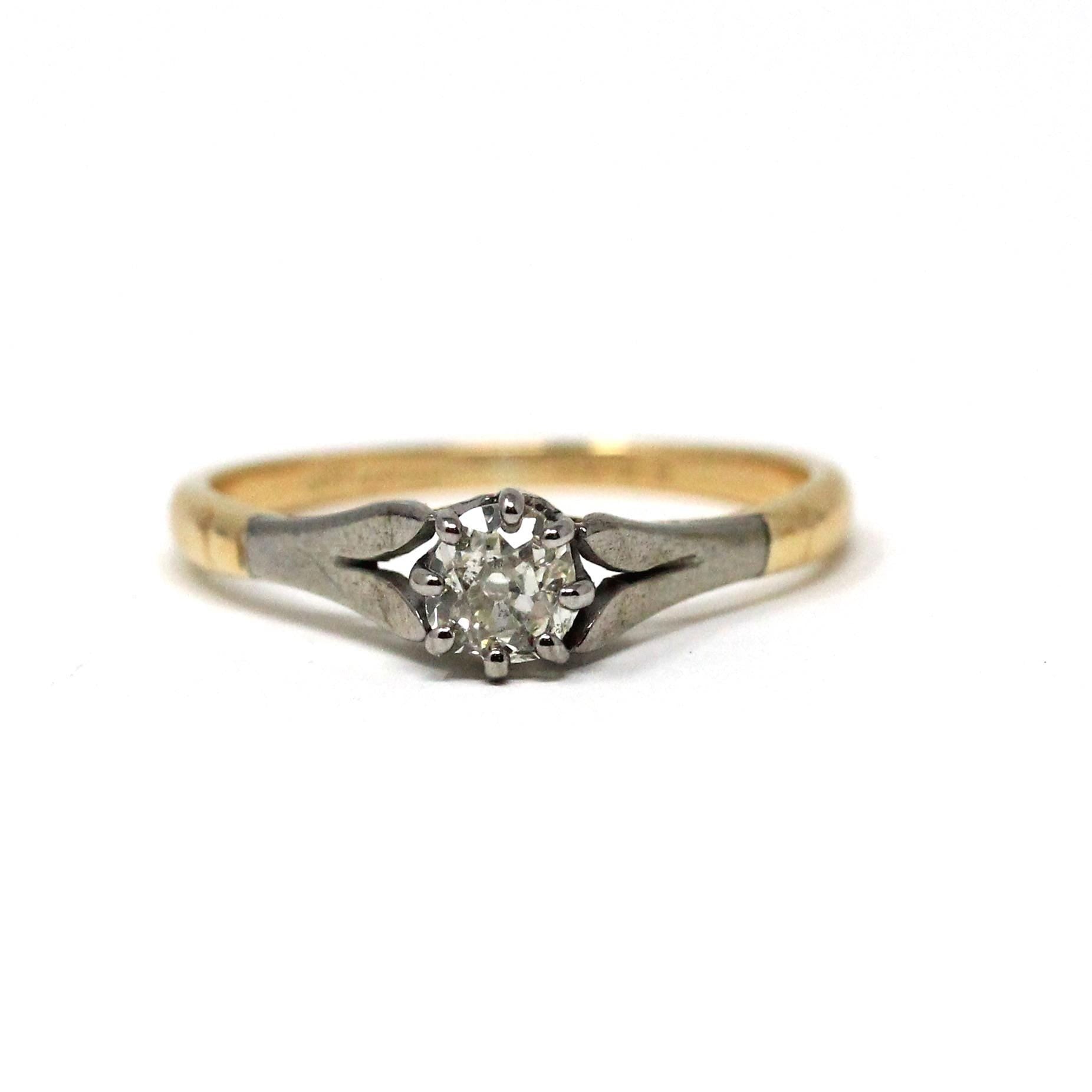 Old Mine Cut Diamond Ring - Antique 18k Yellow Gold & Platinum Natural .25 CT Solitaire - Edwardian Era Size 5 1/2 Fine Engagement Jewelry