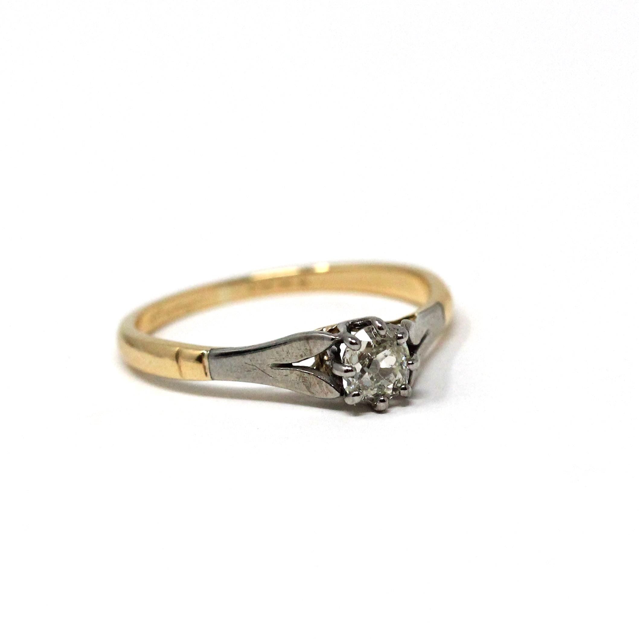 Old Mine Cut Diamond Ring - Antique 18k Yellow Gold & Platinum Natural .25 CT Solitaire - Edwardian Era Size 5 1/2 Fine Engagement Jewelry