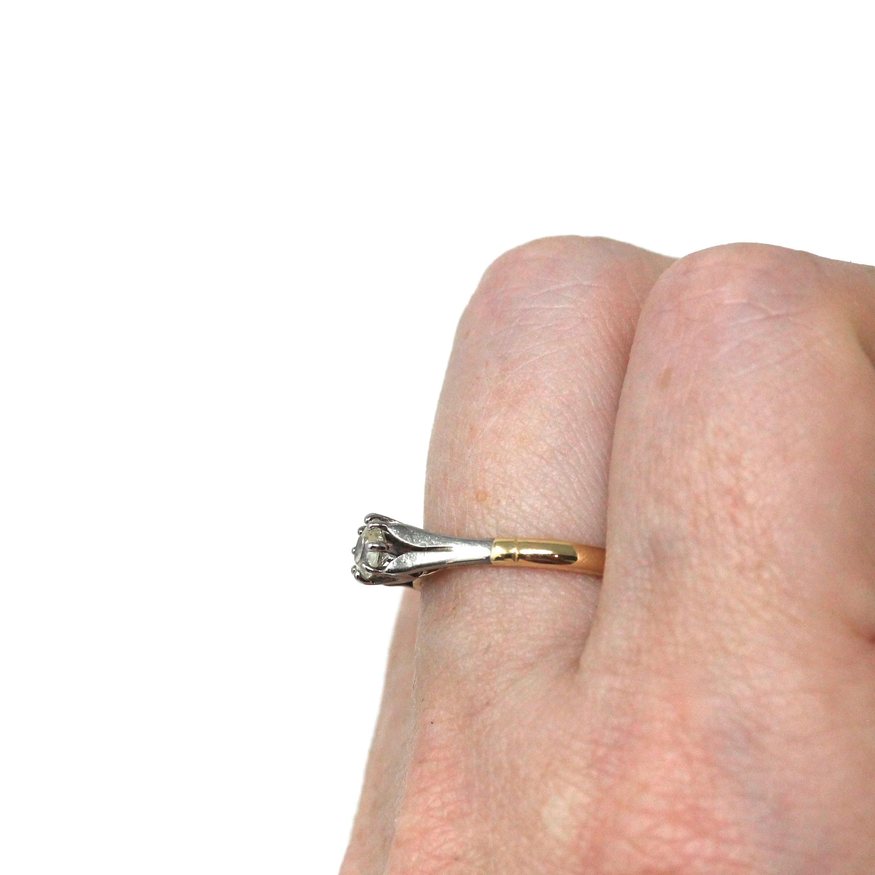 Old Mine Cut Diamond Ring - Antique 18k Yellow Gold & Platinum Natural .25 CT Solitaire - Edwardian Era Size 5 1/2 Fine Engagement Jewelry