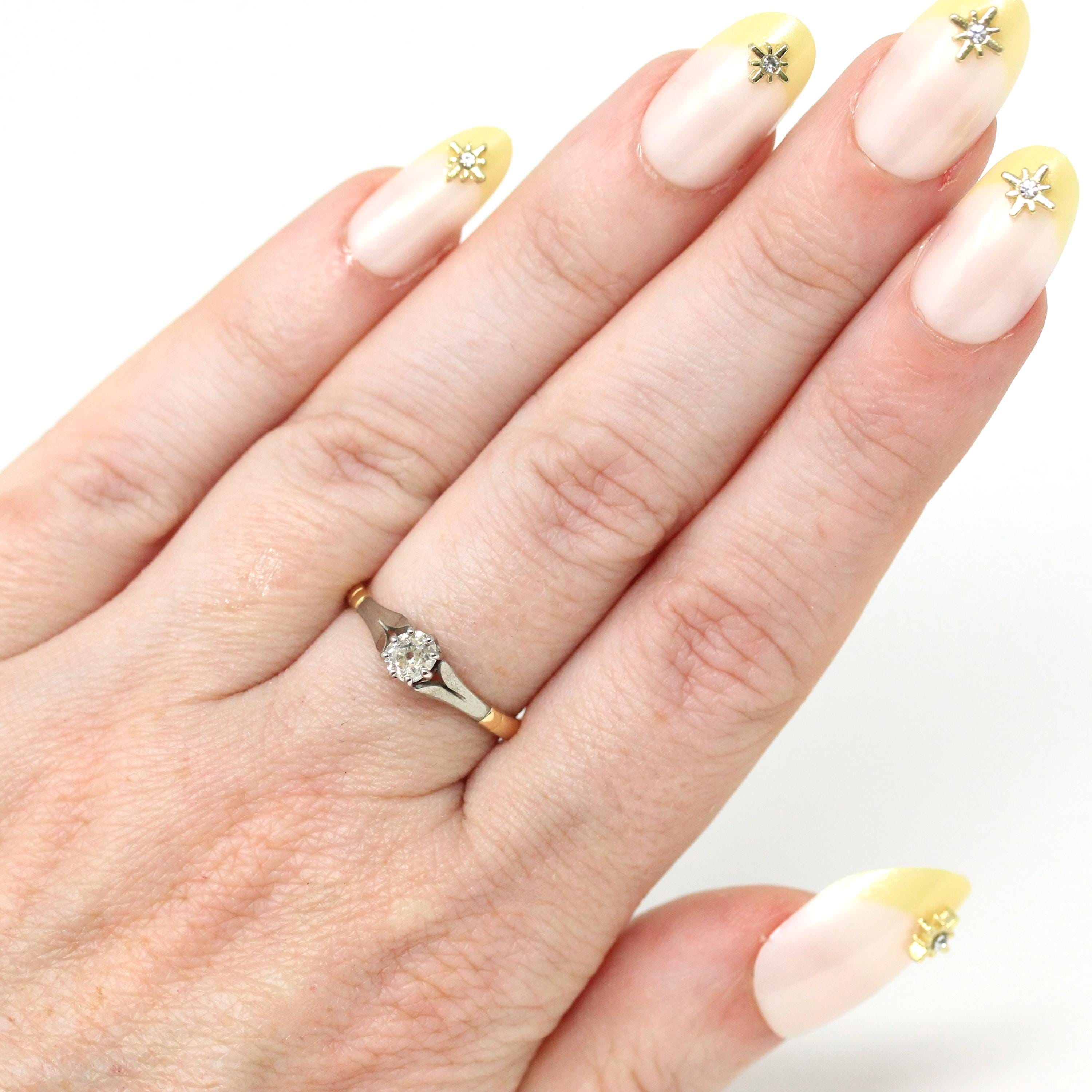 Old Mine Cut Diamond Ring - Antique 18k Yellow Gold & Platinum Natural .25 CT Solitaire - Edwardian Era Size 5 1/2 Fine Engagement Jewelry