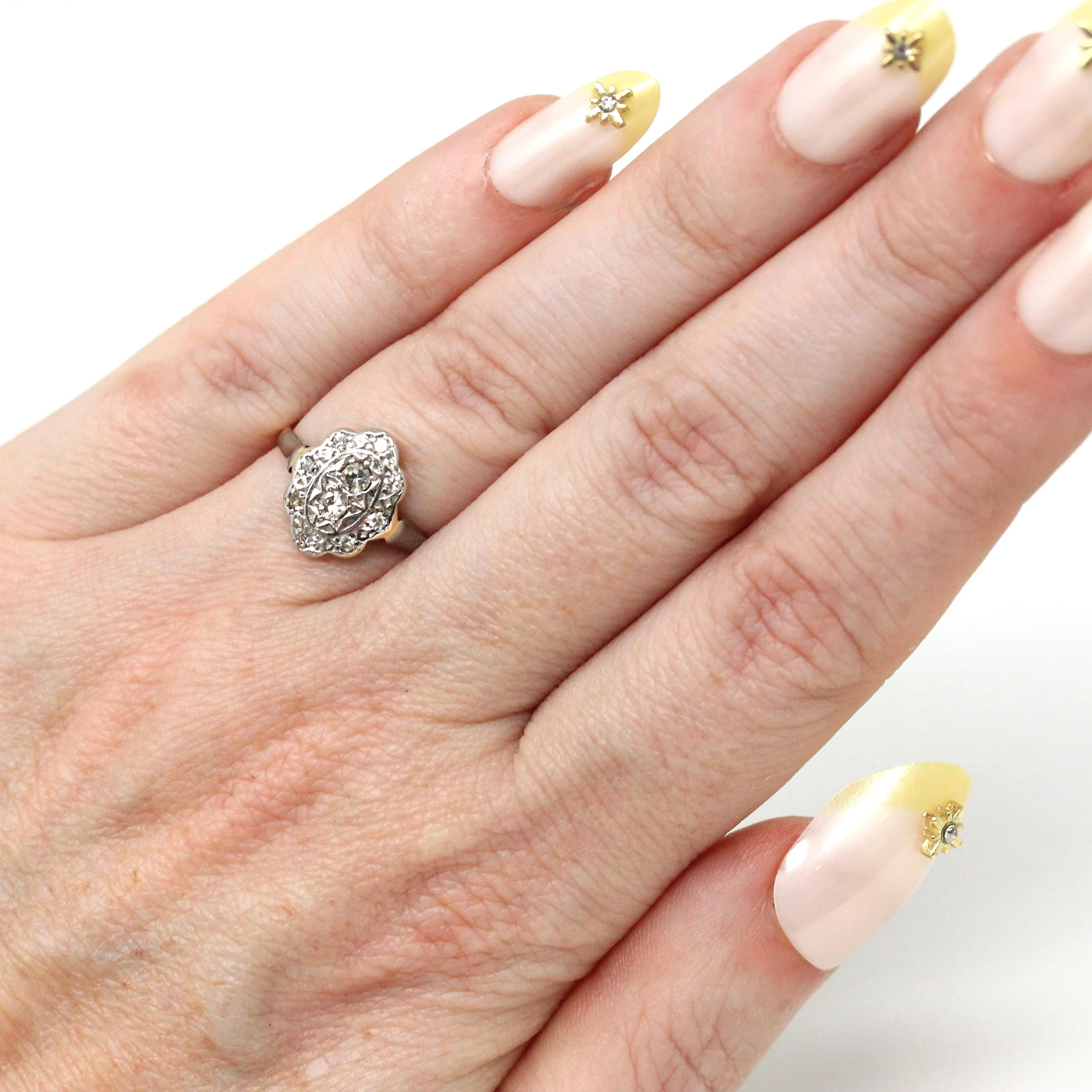 Vintage Shield Ring - Art Deco 18k Yellow Gold & Platinum Diamond Cluster Halo - Circa 1930s Era Size 4 1/2 Two Tone Fine Statement Jewelry