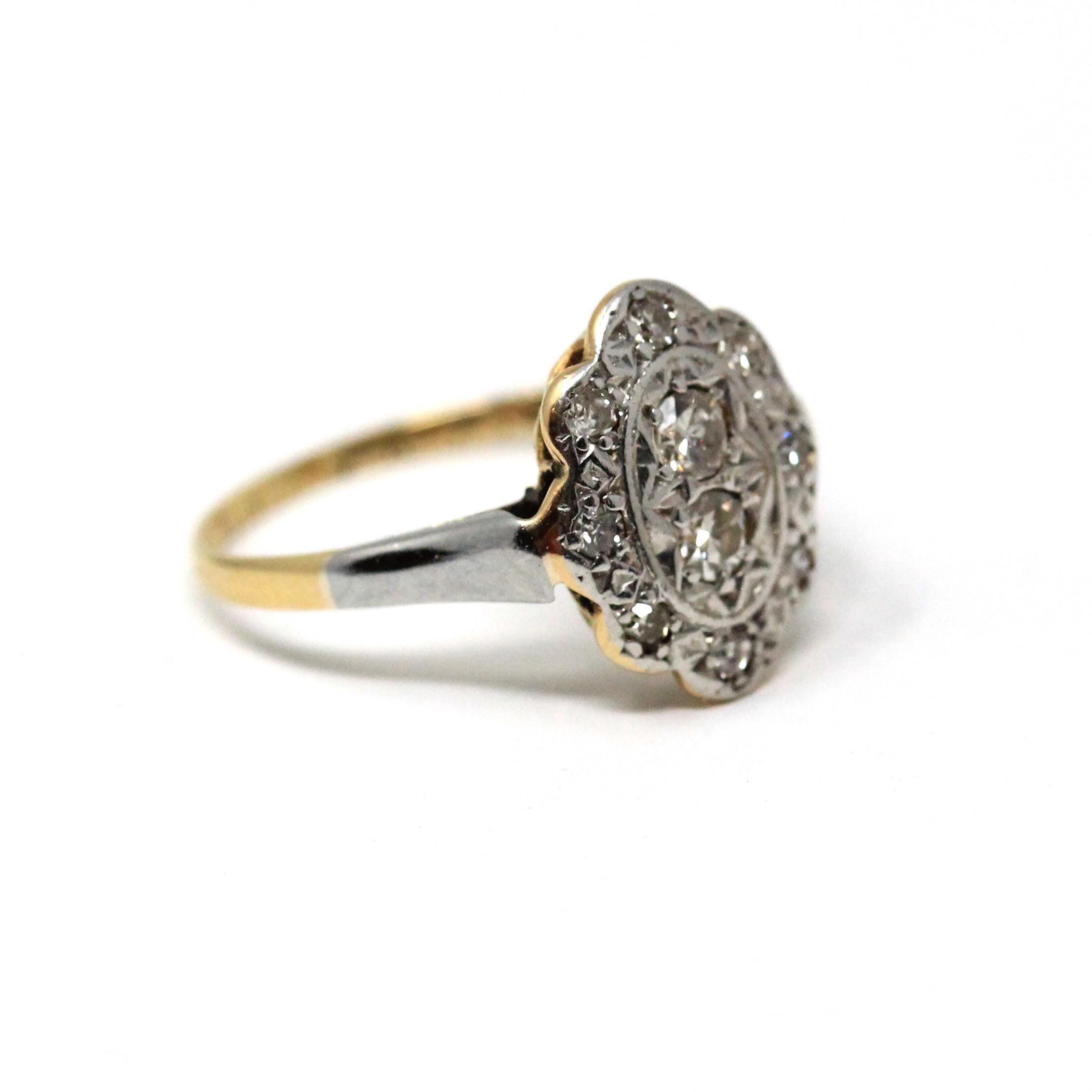 Vintage Shield Ring - Art Deco 18k Yellow Gold & Platinum Diamond Cluster Halo - Circa 1930s Era Size 4 1/2 Two Tone Fine Statement Jewelry