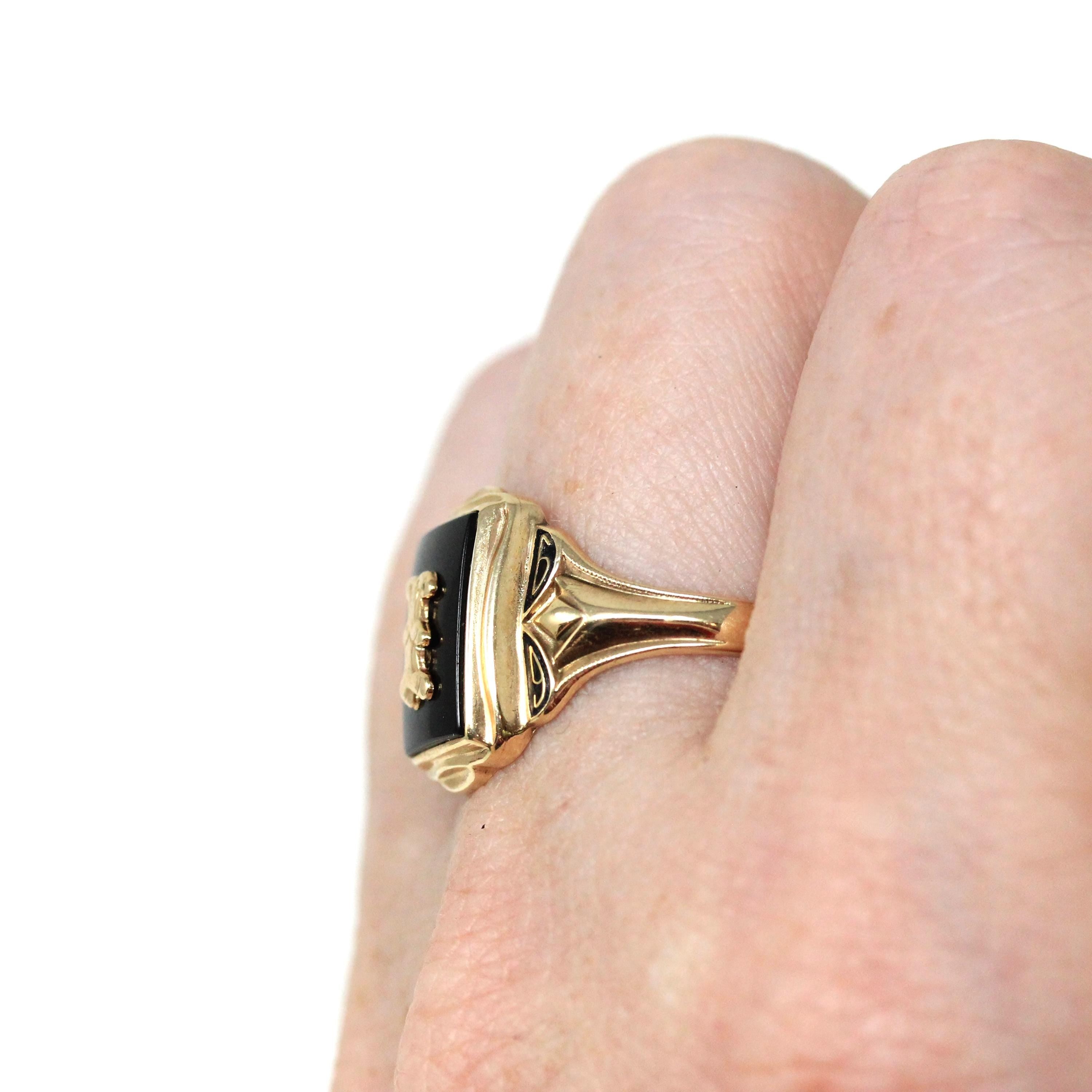 Initial "I" Ring - Retro 10k Yellow Gold Black Chalcedony & Enamel Signet - Vintage Circa 1960s Era Size 8 3/4 Fine Unisex Statement Jewelry