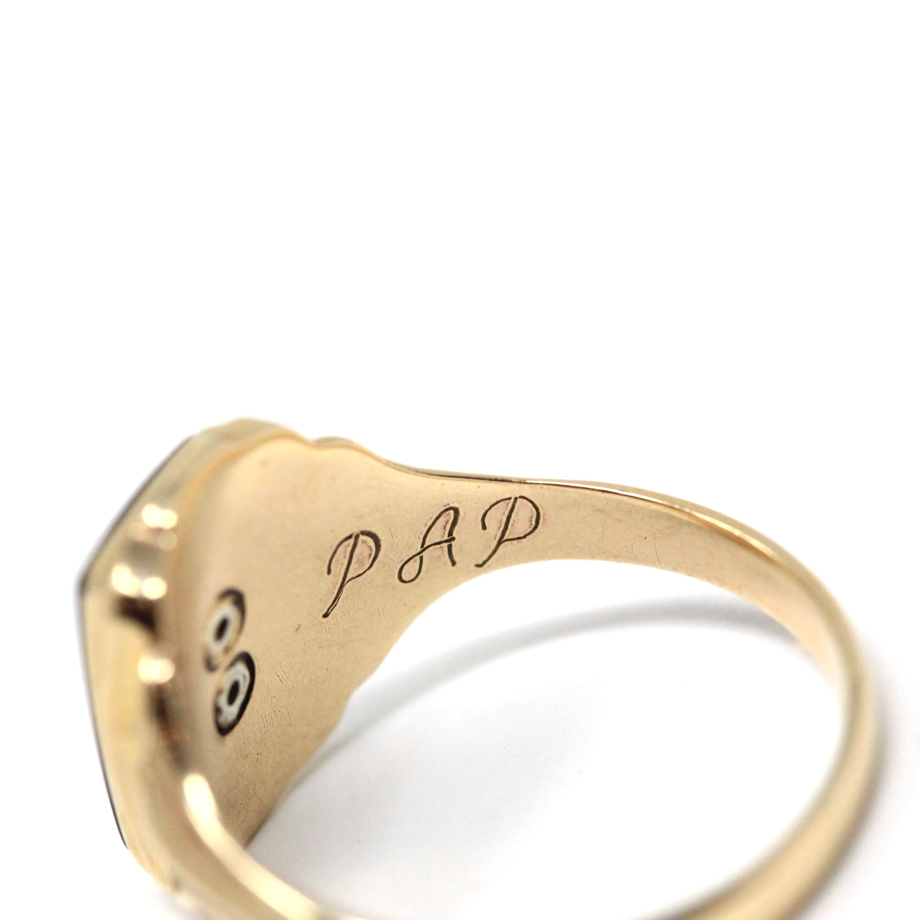 Initial "I" Ring - Retro 10k Yellow Gold Black Chalcedony & Enamel Signet - Vintage Circa 1960s Era Size 8 3/4 Fine Unisex Statement Jewelry