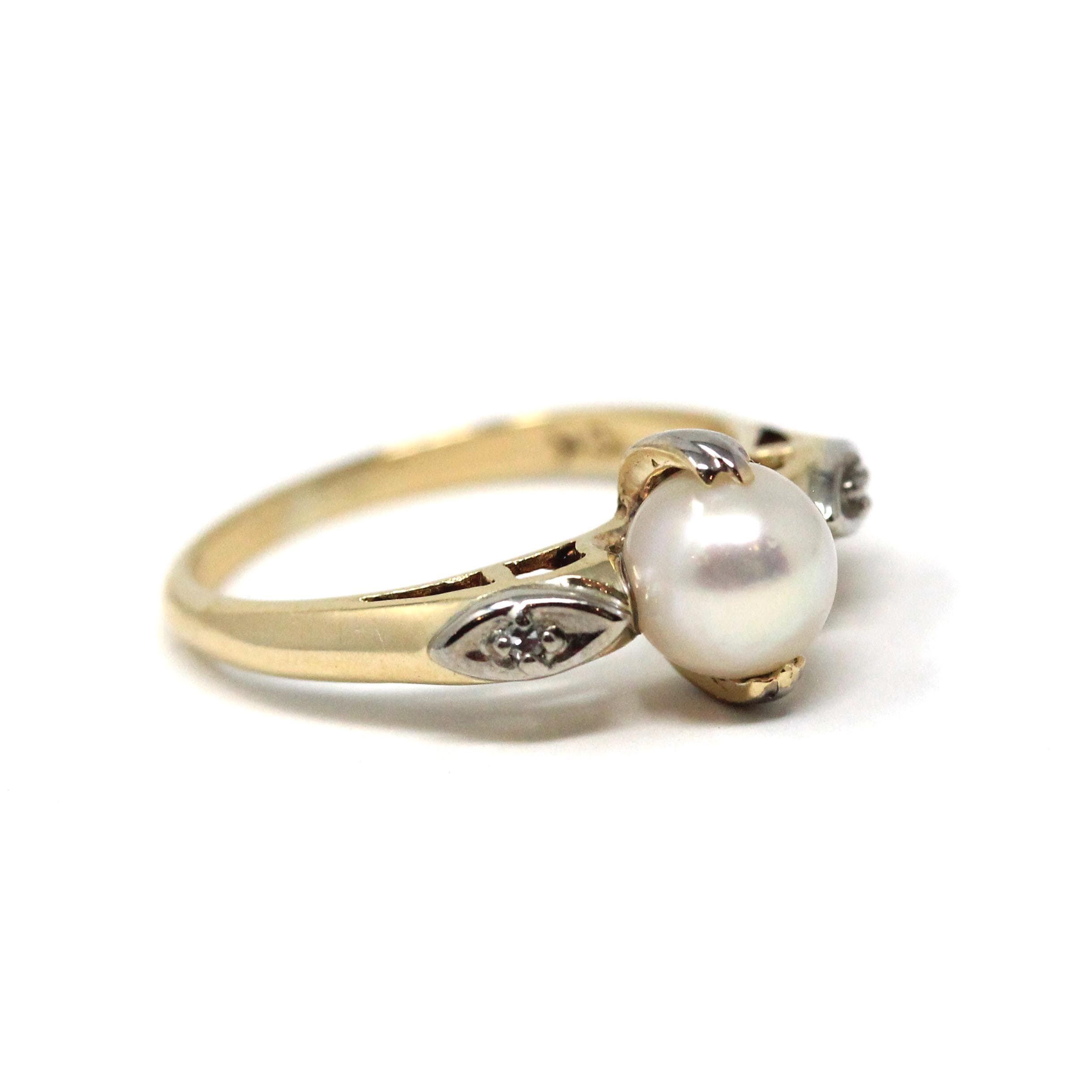 Cultured Pearl Ring - Mid Century 10k Yellow & White Gold Diamond Accents - Circa 1940s Era Size 5.5 June Birthstone Fine Statement Jewelry