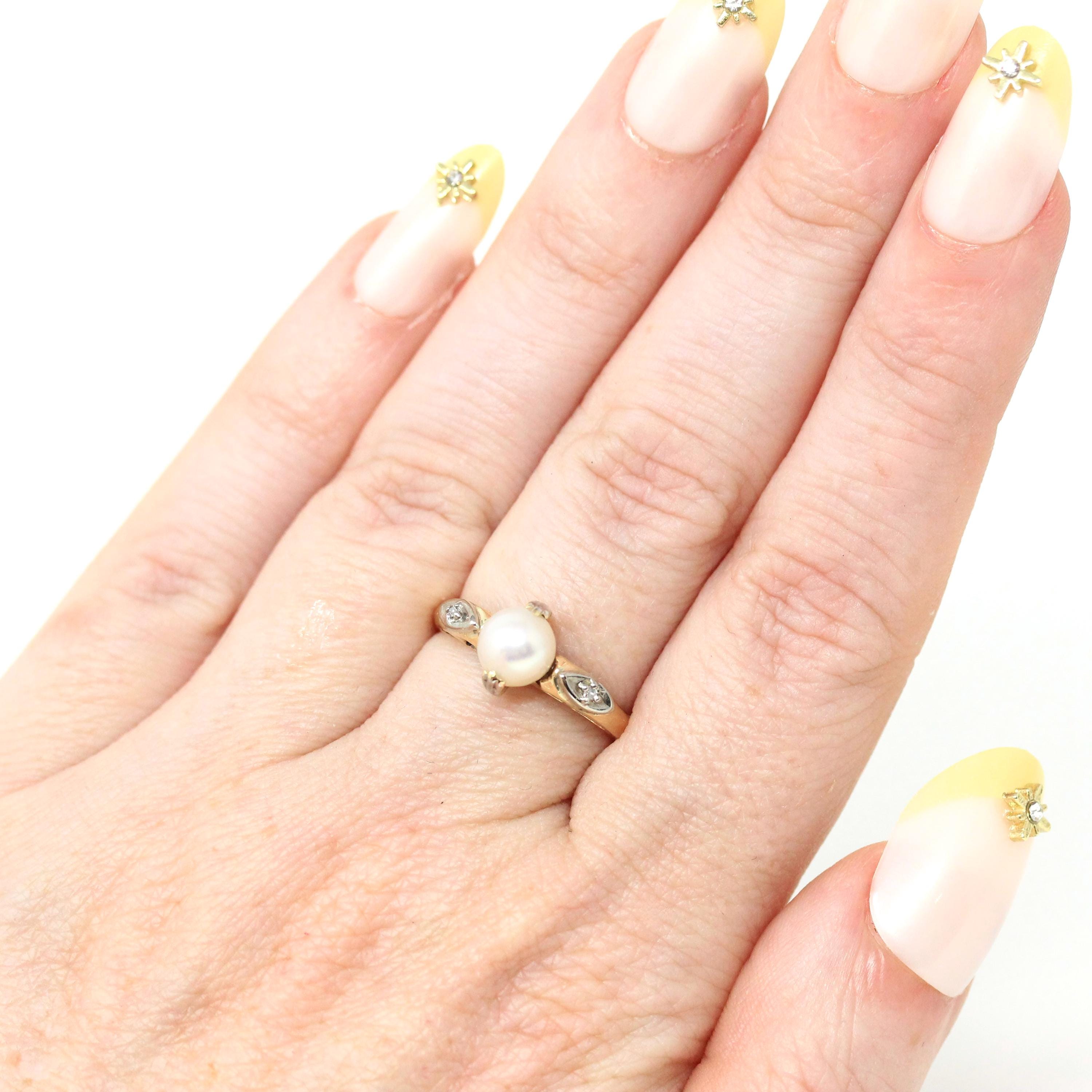 Cultured Pearl Ring - Mid Century 10k Yellow & White Gold Diamond Accents - Circa 1940s Era Size 5.5 June Birthstone Fine Statement Jewelry