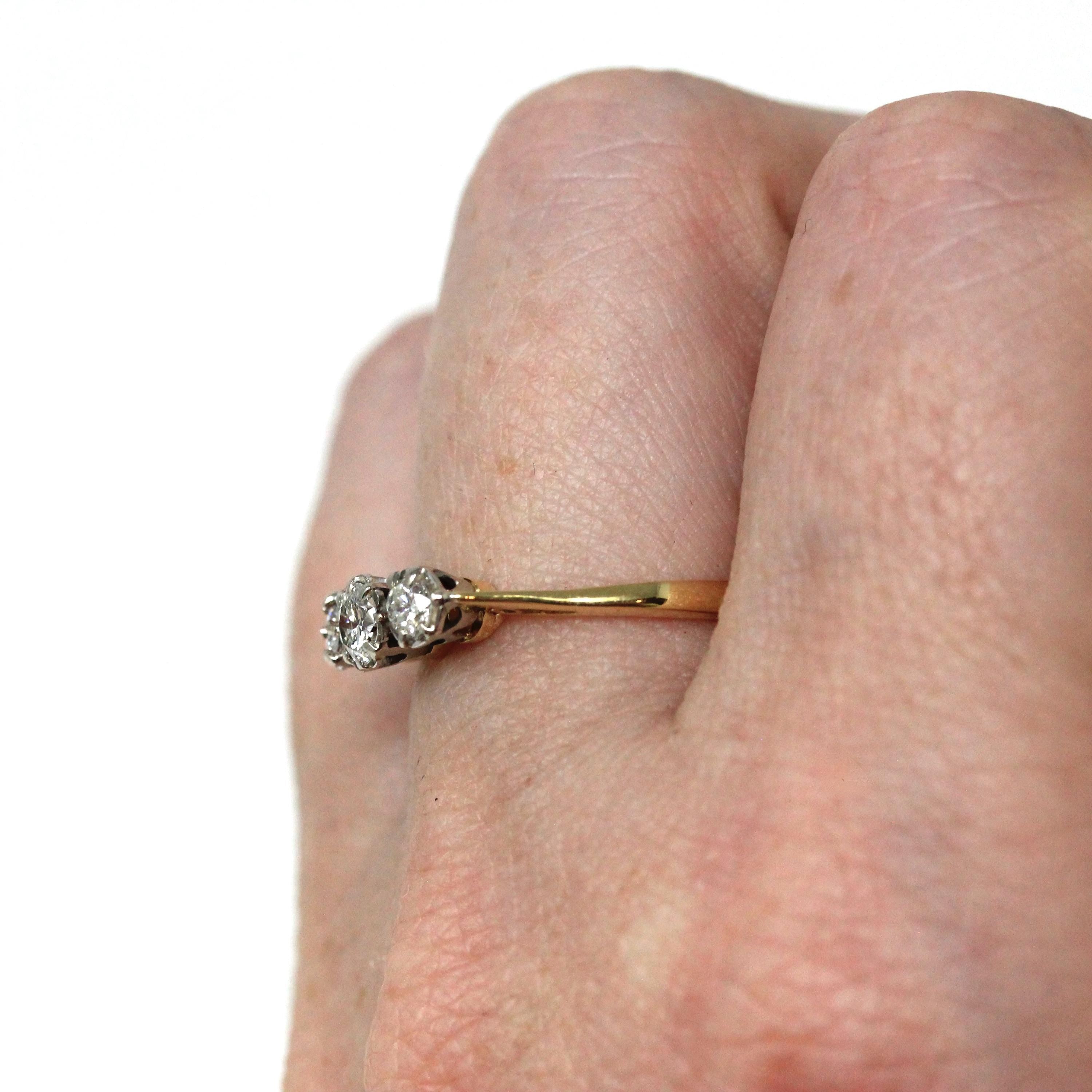 Vintage Diamond Ring - Mid Century Era 18k Yellow Gold & Platinum Natural Three Gemstone Band - Circa 1960s Size 6 1/4 Fine Bridal Jewelry