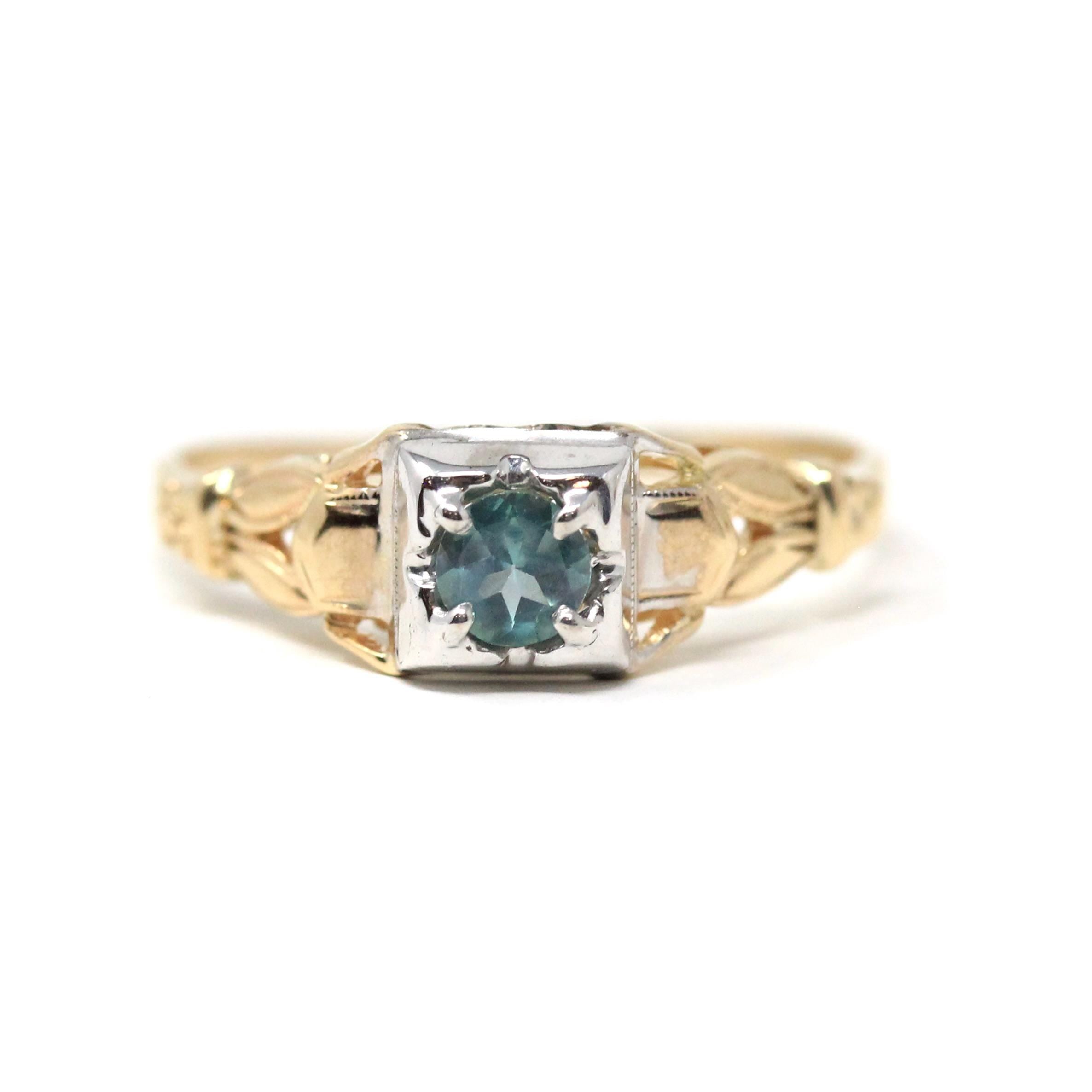 Natural Alexandrite Ring - Mid Century 14k Yellow & 18k White Gold Two Tone Engagement Solitaire - Circa 1940s Era Size 7 3/4 Fine Jewelry