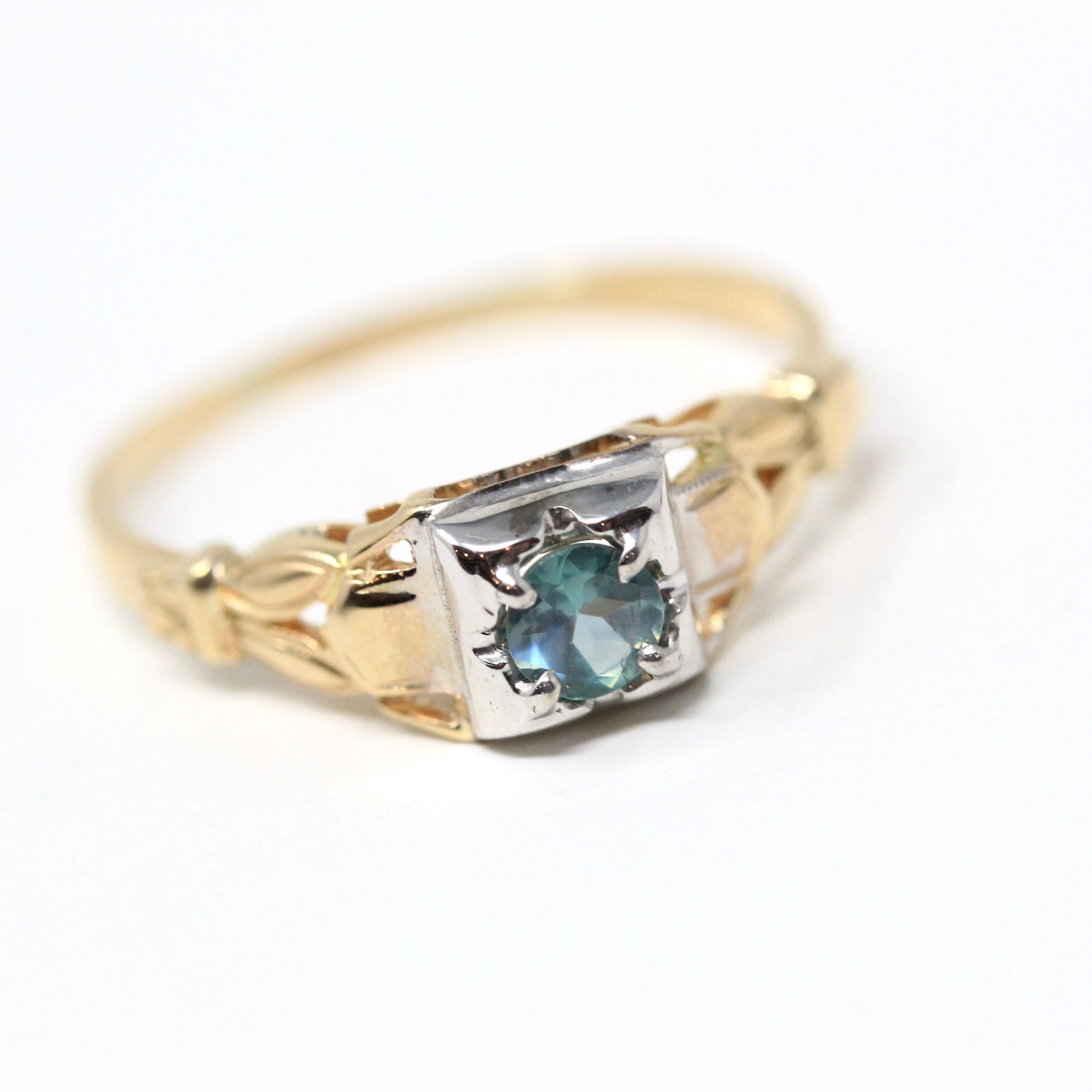 Natural Alexandrite Ring - Mid Century 14k Yellow & 18k White Gold Two Tone Engagement Solitaire - Circa 1940s Era Size 7 3/4 Fine Jewelry