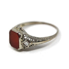 Vintage Sard Ring - Art Deco 14k White Gold Bezel Set Dark Red Gemstone & Natural Diamonds - Circa 1930s Size 5 3/4 Filigree Fine Jewelry
