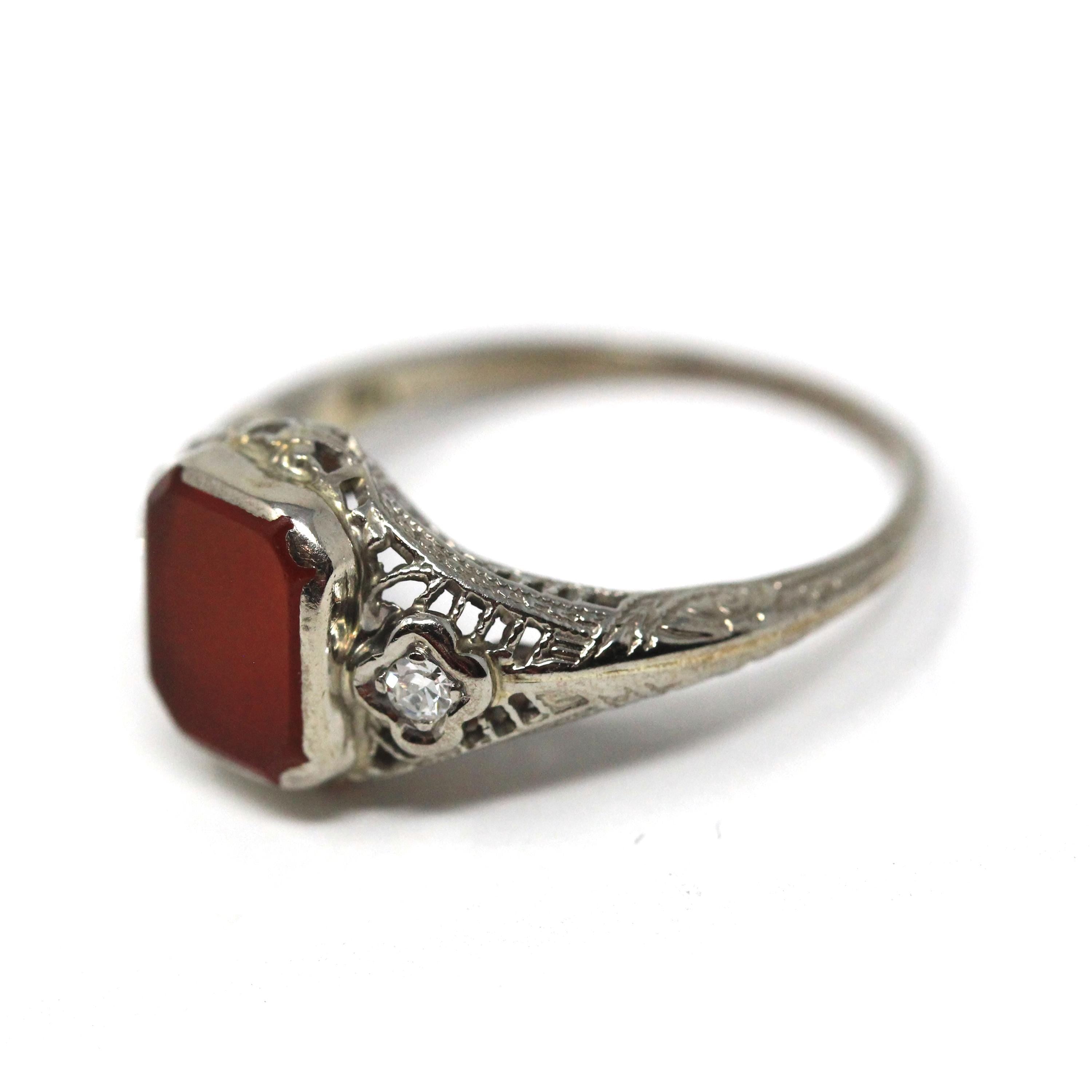 Vintage Sard Ring - Art Deco 14k White Gold Bezel Set Dark Red Gemstone & Natural Diamonds - Circa 1930s Size 5 3/4 Filigree Fine Jewelry