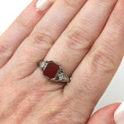 Vintage Sard Ring - Art Deco 14k White Gold Bezel Set Dark Red Gemstone & Natural Diamonds - Circa 1930s Size 5 3/4 Filigree Fine Jewelry