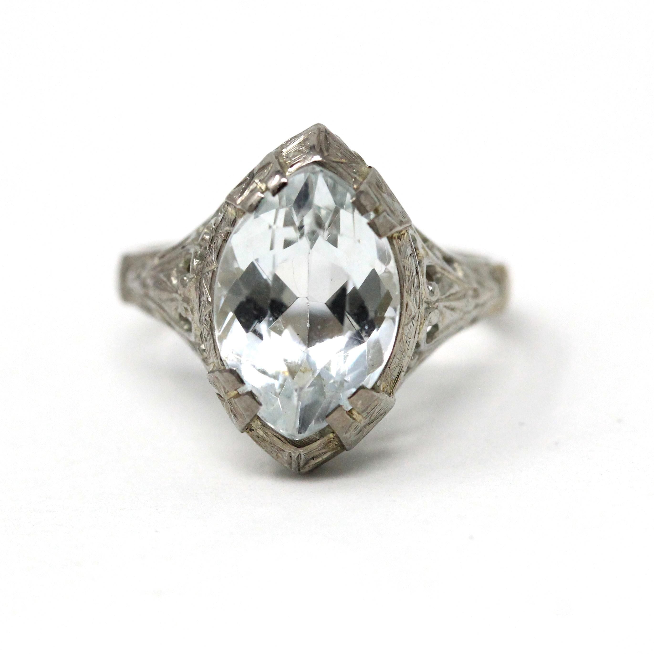 Vintage Aquamarine Ring - Art Deco 14k White Gold Blue Marquise Gemstone - Circa 1930s Era Size 5 3/4 Filigree March Birthstone Fine Jewelry