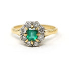 Emerald & Diamond Halo Ring - Estate 18k Yellow Gold Natural Green Gemstone .36 CTW Cluster - Hallmarked 1994 Engagement Bridal Fine Jewelry
