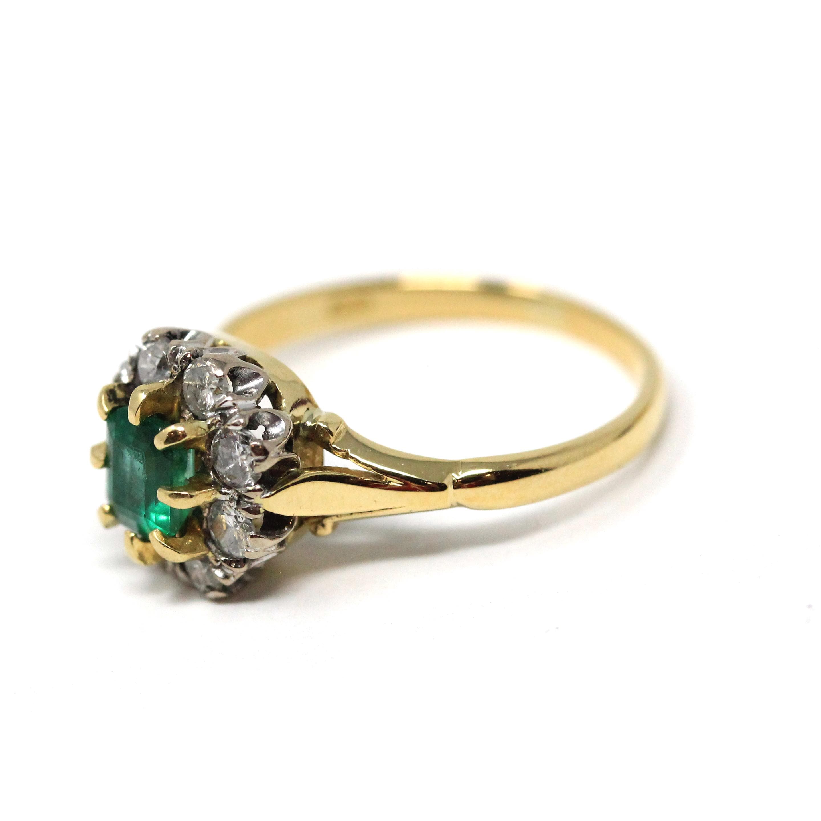 Emerald & Diamond Halo Ring - Estate 18k Yellow Gold Natural Green Gemstone .36 CTW Cluster - Hallmarked 1994 Engagement Bridal Fine Jewelry