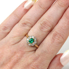 Emerald & Diamond Halo Ring - Estate 18k Yellow Gold Natural Green Gemstone .36 CTW Cluster - Hallmarked 1994 Engagement Bridal Fine Jewelry