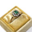 Emerald & Diamond Halo Ring - Estate 18k Yellow Gold Natural Green Gemstone .36 CTW Cluster - Hallmarked 1994 Engagement Bridal Fine Jewelry