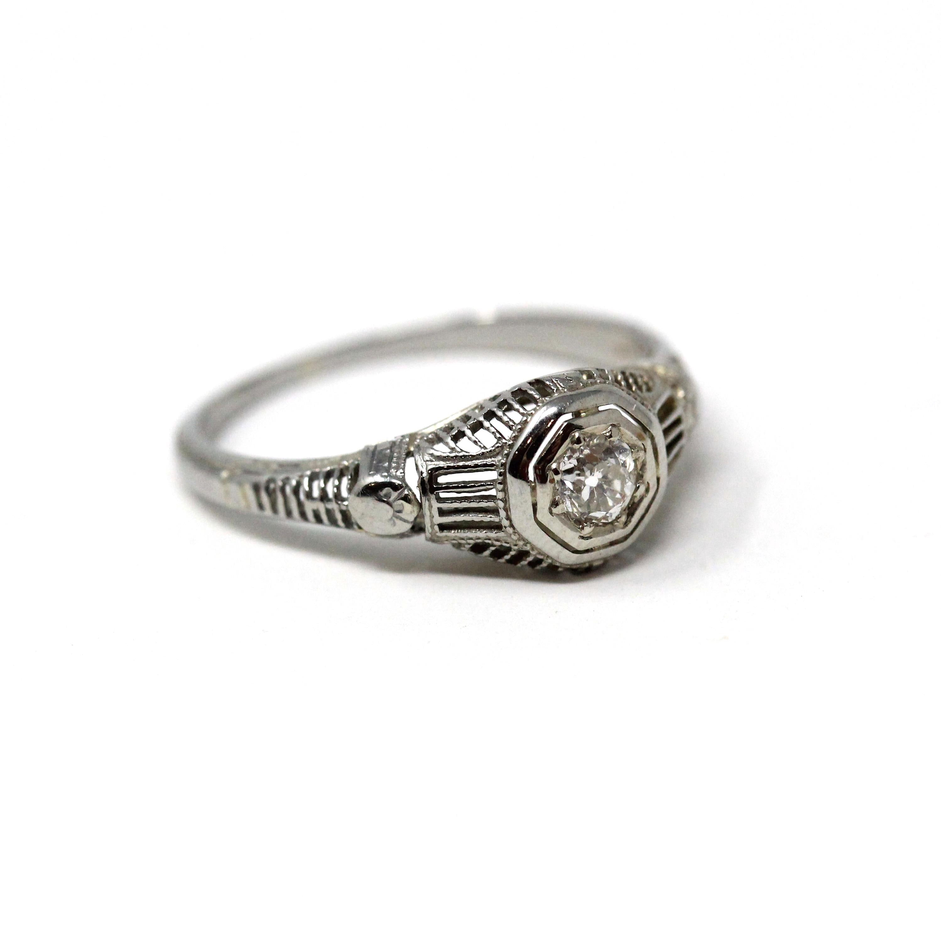 Antique Engagement Ring - Art Deco 18k White Gold .13 CT Natural Diamond Solitaire - Circa 1920s Era Size 6 1/4 Bridal Filigree Fine Jewelry