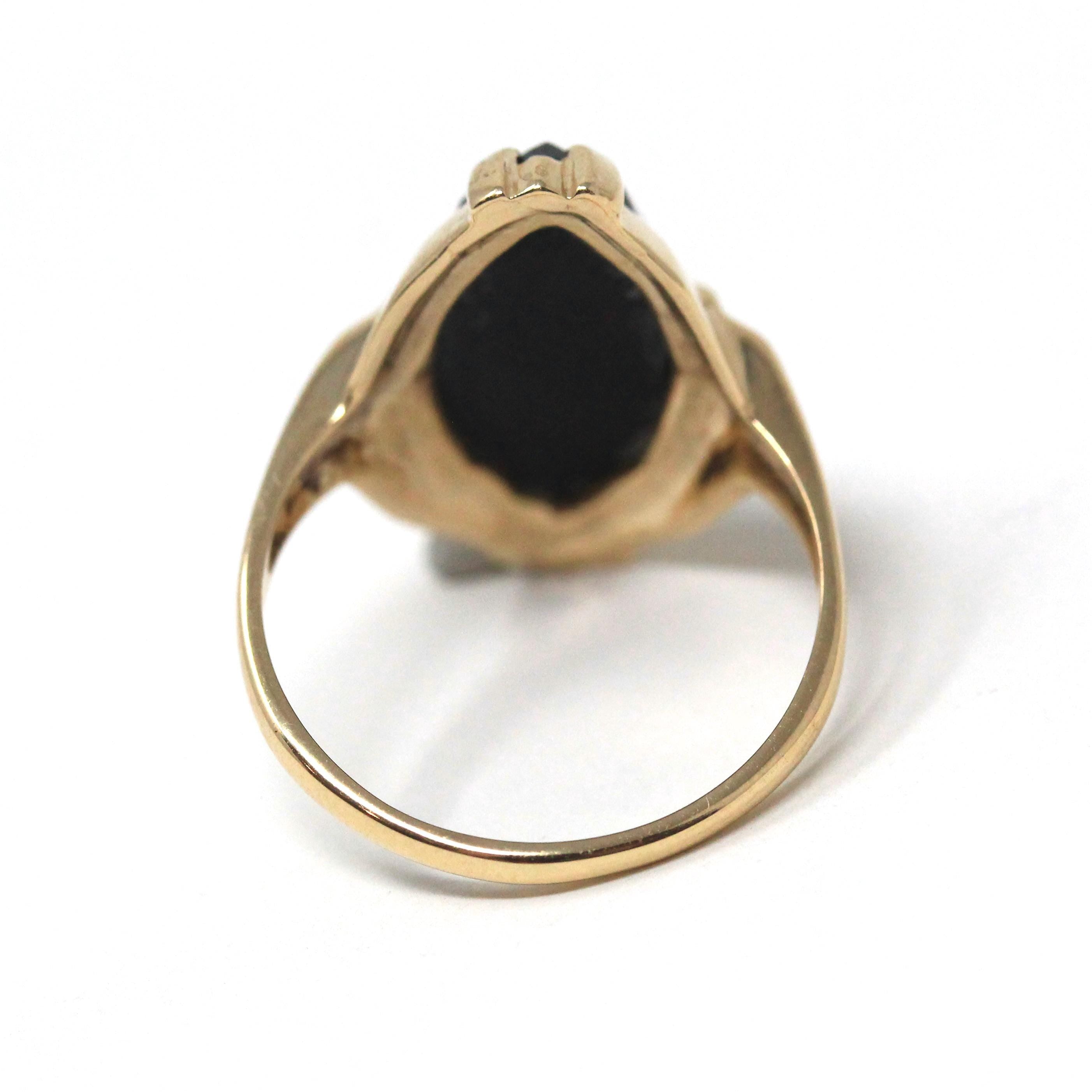 Vintage Onyx Ring - Retro 10k Yellow Gold Fancy Marquise Cut Black Chalcedony Cabochon Gemstone - Circa 1960s Size 6 Fine Statement Jewelry