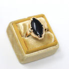 Vintage Onyx Ring - Retro 10k Yellow Gold Fancy Marquise Cut Black Chalcedony Cabochon Gemstone - Circa 1960s Size 6 Fine Statement Jewelry