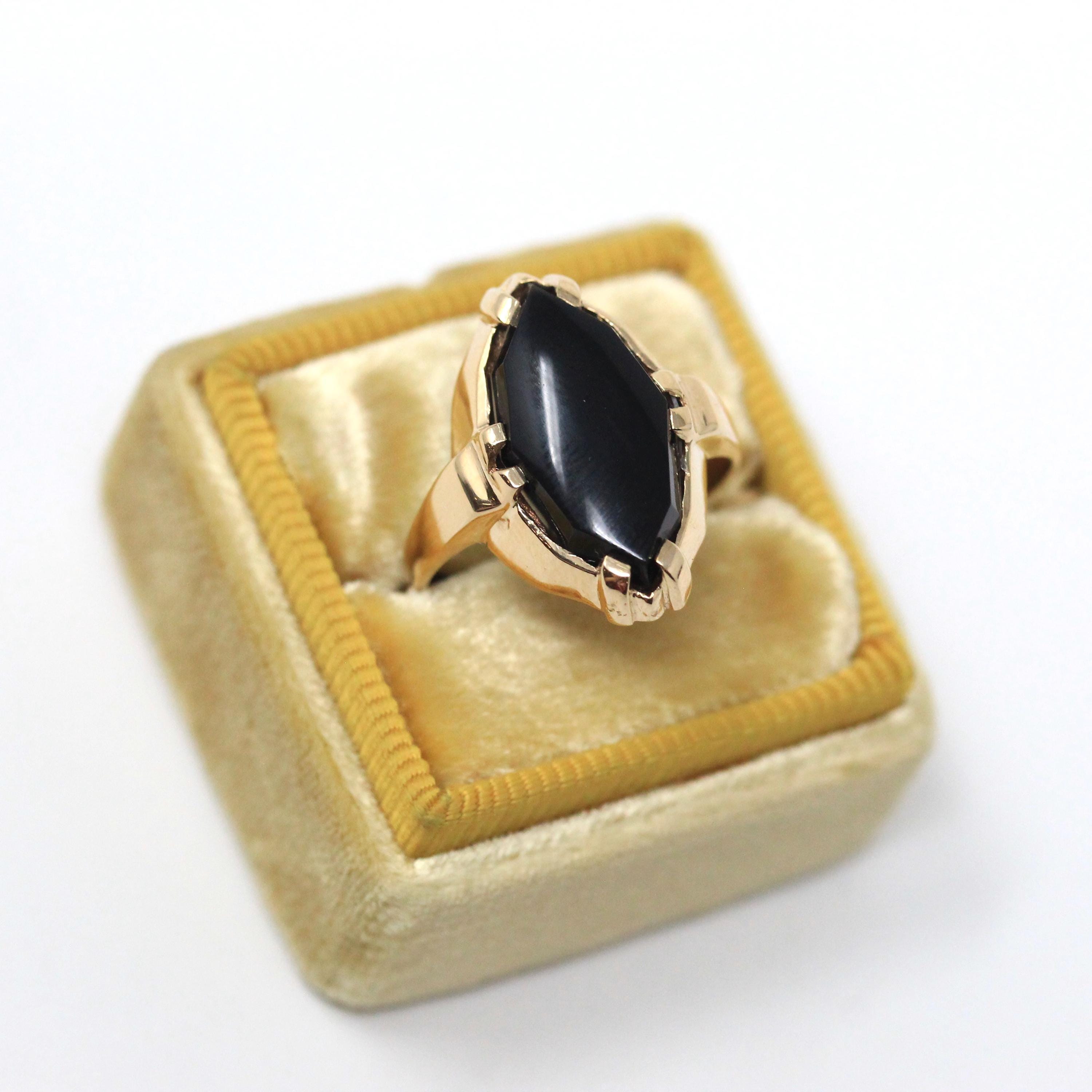Vintage Onyx Ring - Retro 10k Yellow Gold Fancy Marquise Cut Black Chalcedony Cabochon Gemstone - Circa 1960s Size 6 Fine Statement Jewelry