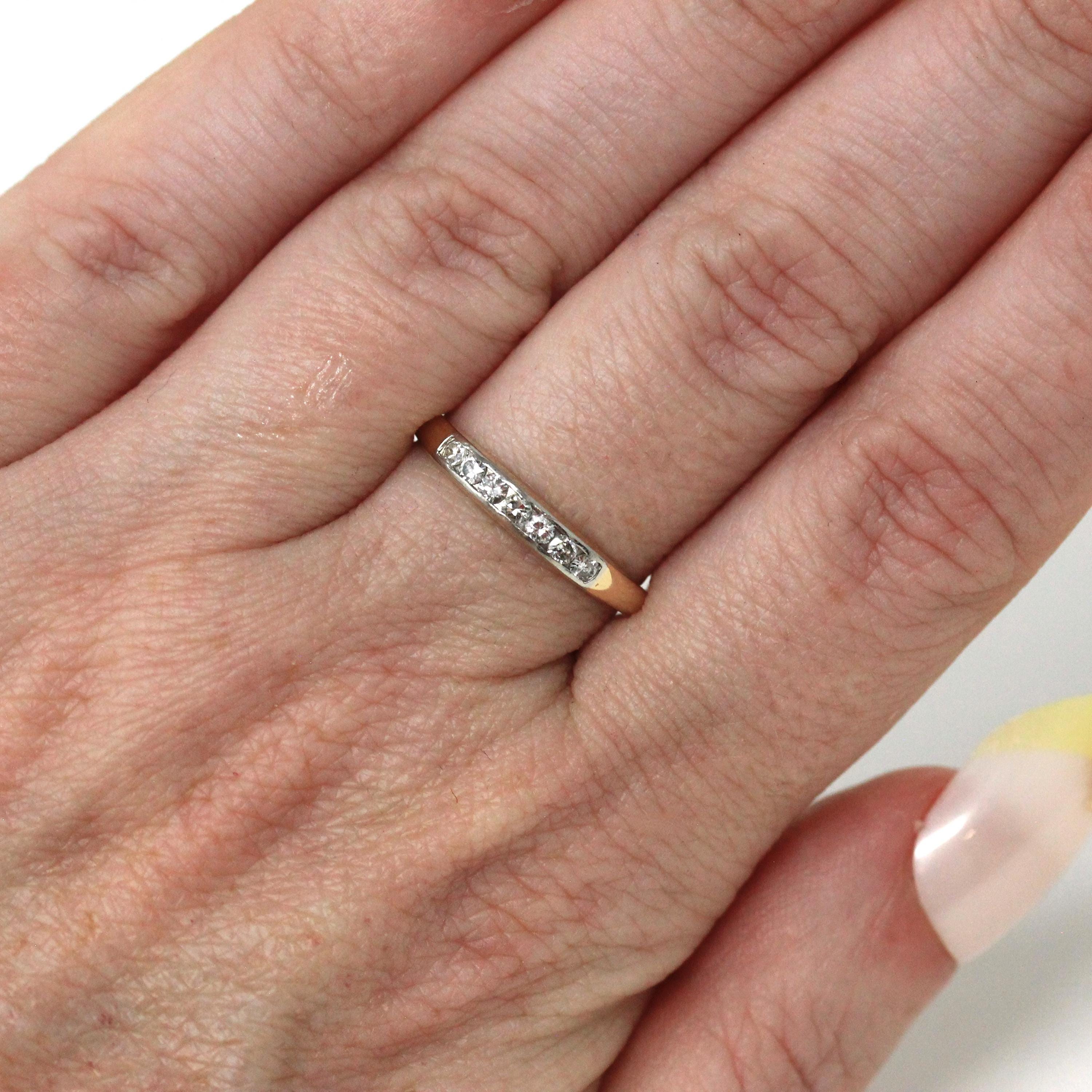 Mid Century Diamond Band - Vintage 14k Yellow Gold & Platinum Channel Set Gem Ring - Circa 1940s Era Size 6 1/2 Fine Wedding Bridal Jewelry