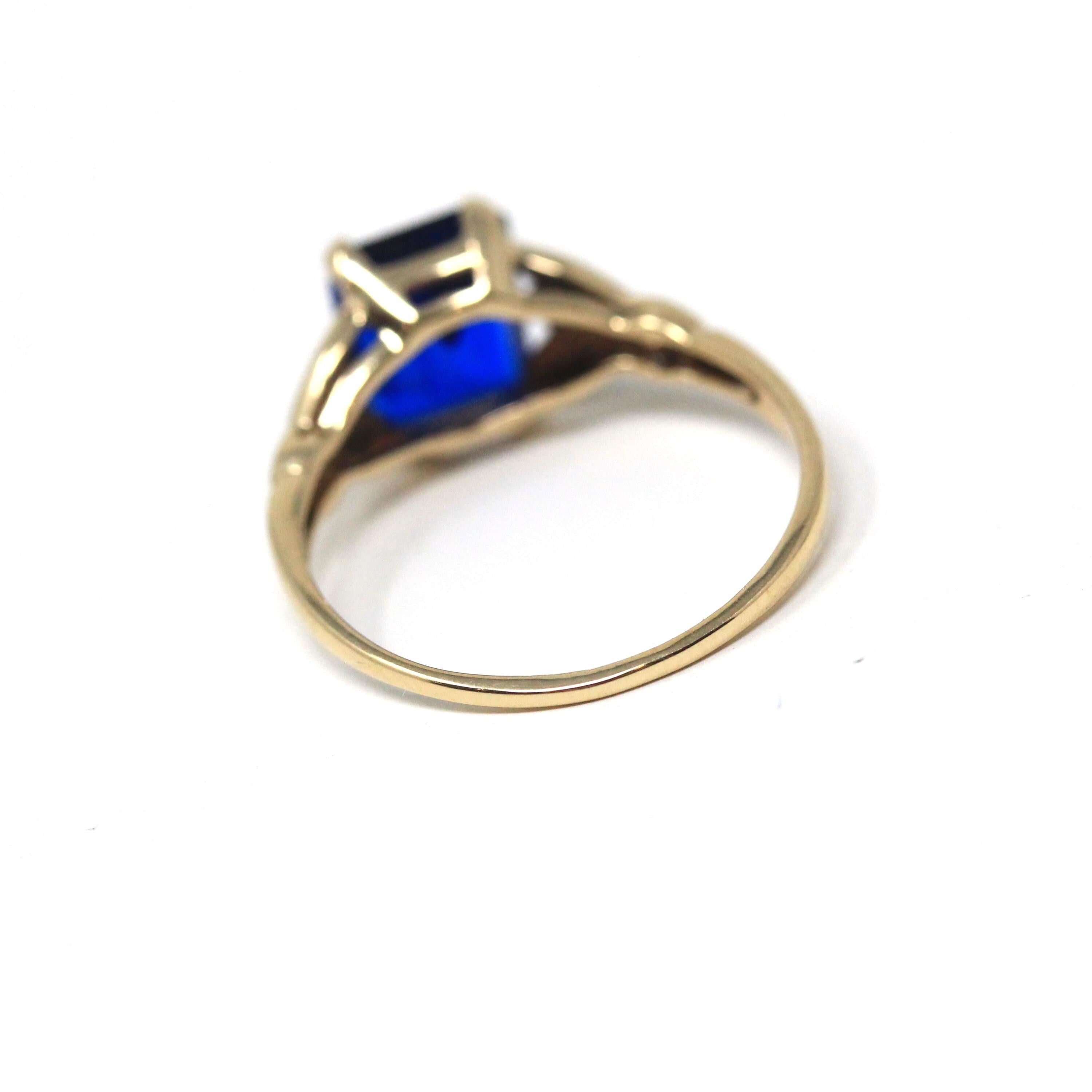 Created Spinel Ring - Mid Century 10k Yellow Gold Emerald Cut 4.41 CT Blue Stone - Circa 1940s Era Size 6 Statement Fine Birthstone Jewelry