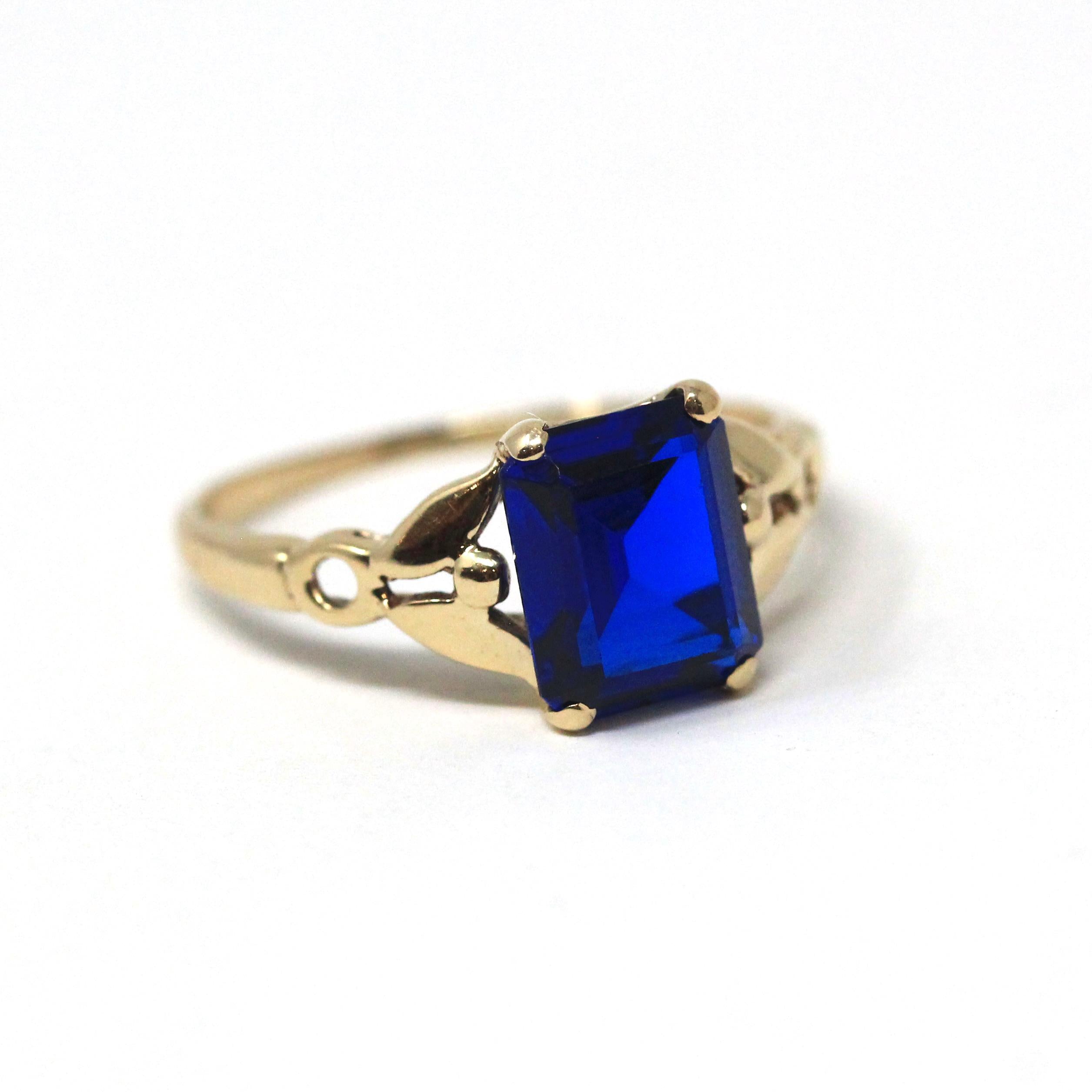 Created Spinel Ring - Mid Century 10k Yellow Gold Emerald Cut 4.41 CT Blue Stone - Circa 1940s Era Size 6 Statement Fine Birthstone Jewelry