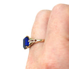 Created Spinel Ring - Mid Century 10k Yellow Gold Emerald Cut 4.41 CT Blue Stone - Circa 1940s Era Size 6 Statement Fine Birthstone Jewelry