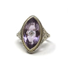Amethyst & Diamond Ring - Art Deco 18k White Gold Marquise Cut Purple Gemstone Flower - Circa 1930s Era Size 4 1/4 Statement Fine Jewelry
