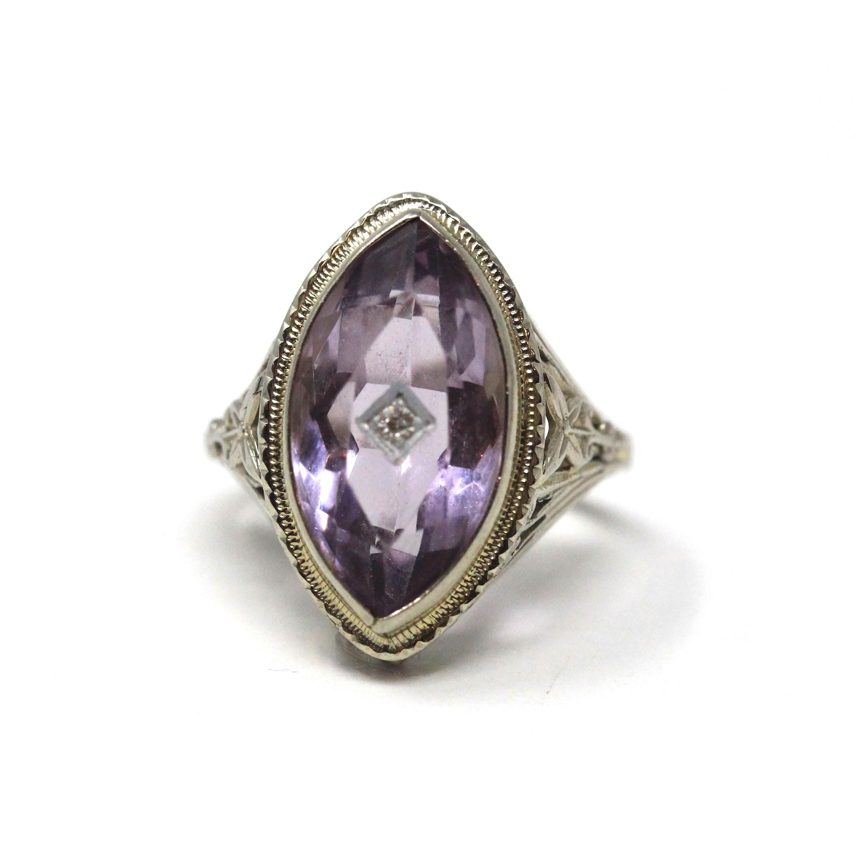 Amethyst & Diamond Ring - Art Deco 18k White Gold Marquise Cut Purple Gemstone Flower - Circa 1930s Era Size 4 1/4 Statement Fine Jewelry