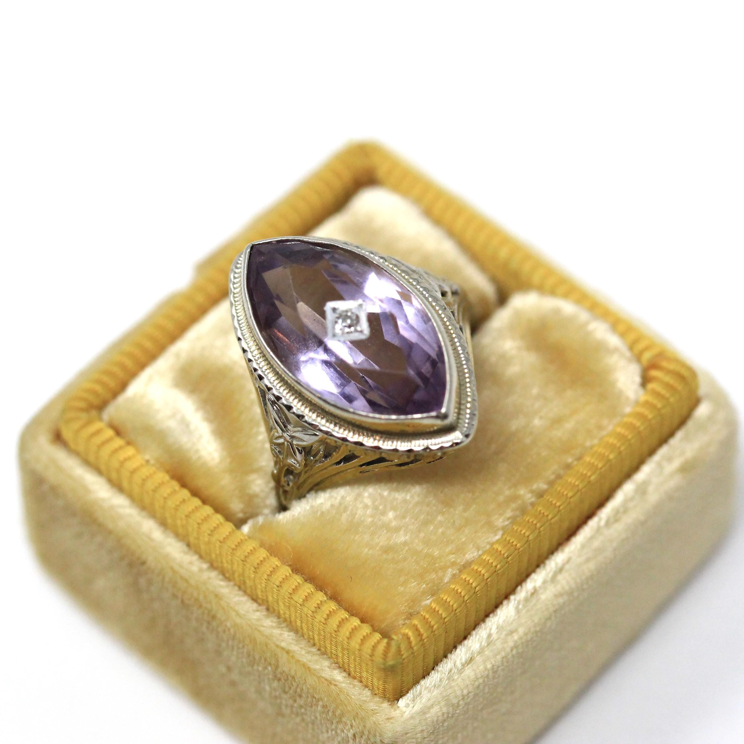 Amethyst & Diamond Ring - Art Deco 18k White Gold Marquise Cut Purple Gemstone Flower - Circa 1930s Era Size 4 1/4 Statement Fine Jewelry