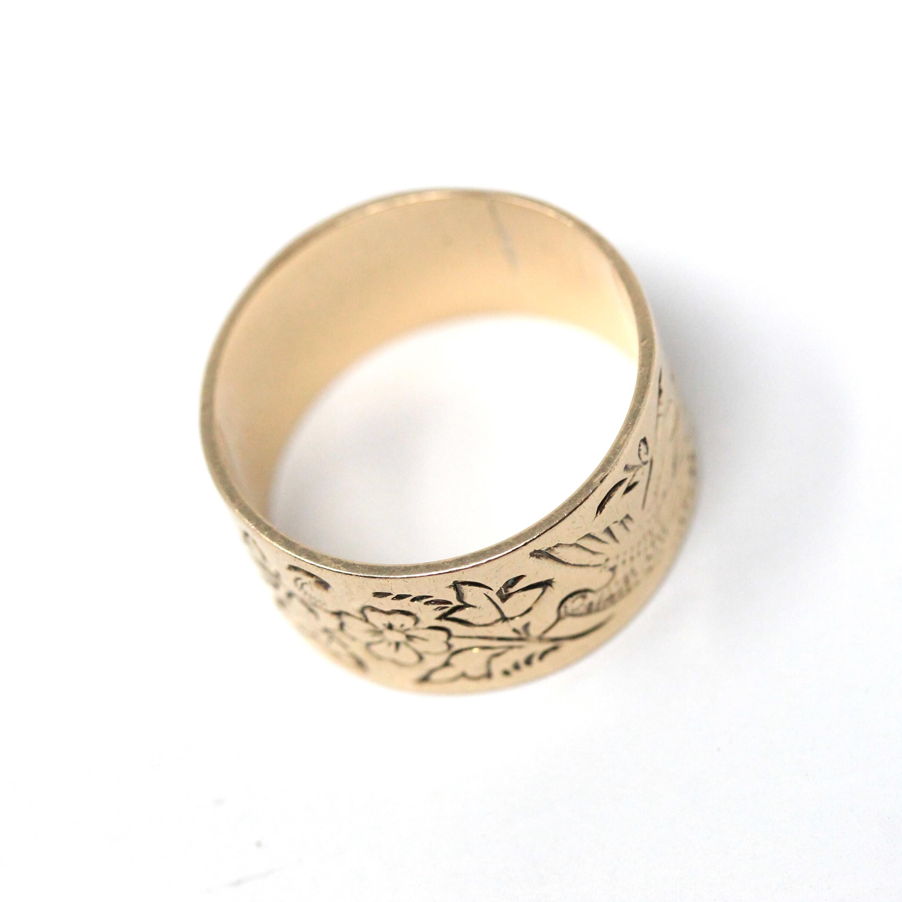 Antique Cigar Band - Edwardian 10k Rosy Yellow Gold Nature Inspired Bird Flower Ring - Circa 1900s Size 6 1/2 Fine Unisex Statement Jewelry