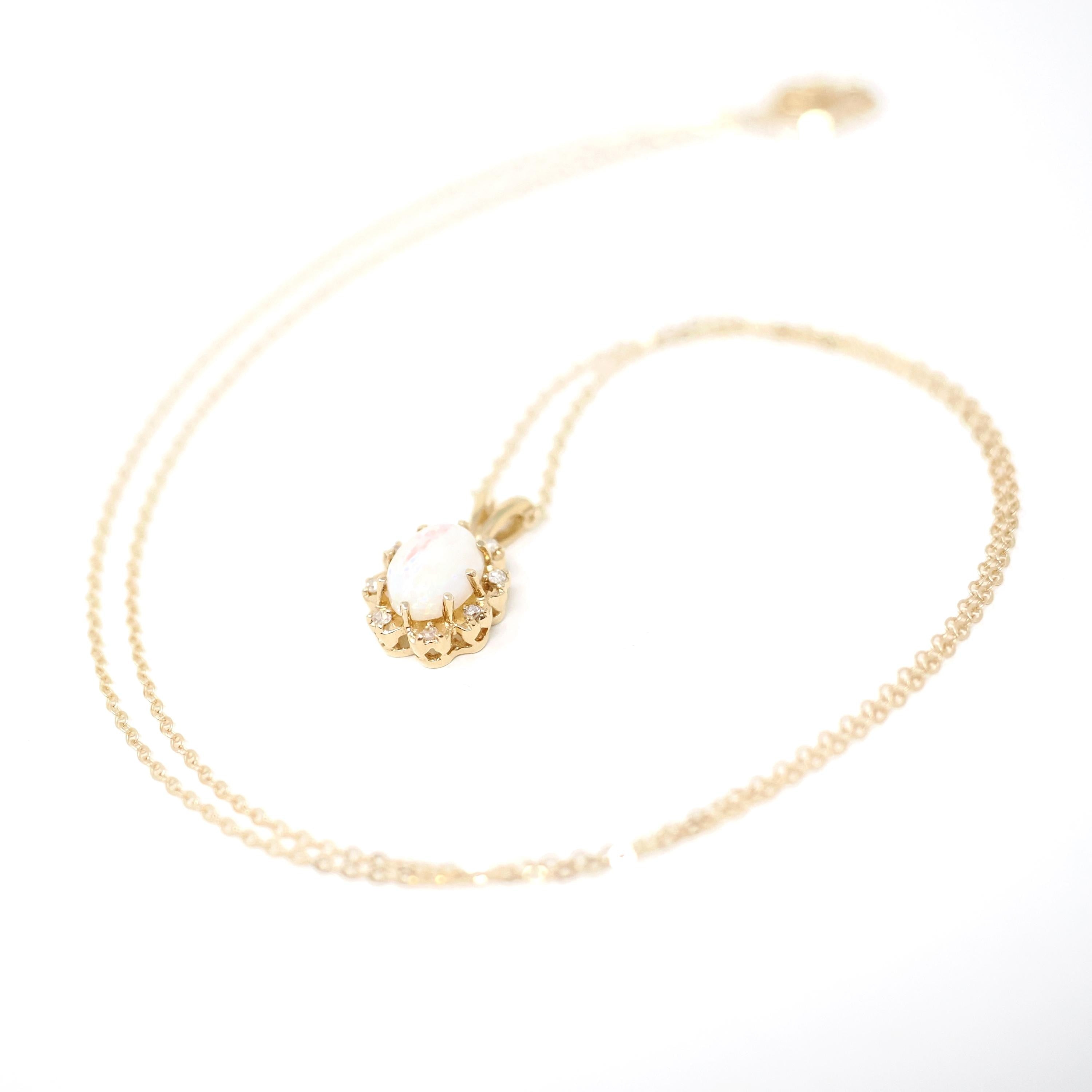 Opal & Diamond Pendant - Estate 14k Yellow Gold Oval Cabochon Cut 1.00 CT Gem Necklace - Modern Circa 2000's October Birthstone Fine Jewelry