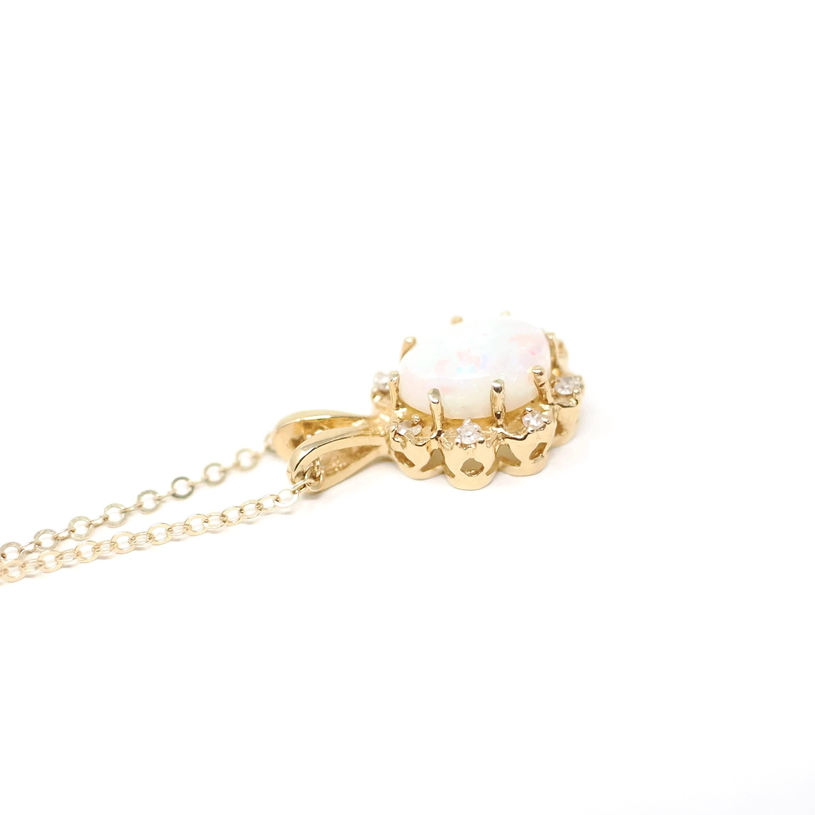 Opal & Diamond Pendant - Estate 14k Yellow Gold Oval Cabochon Cut 1.00 CT Gem Necklace - Modern Circa 2000's October Birthstone Fine Jewelry