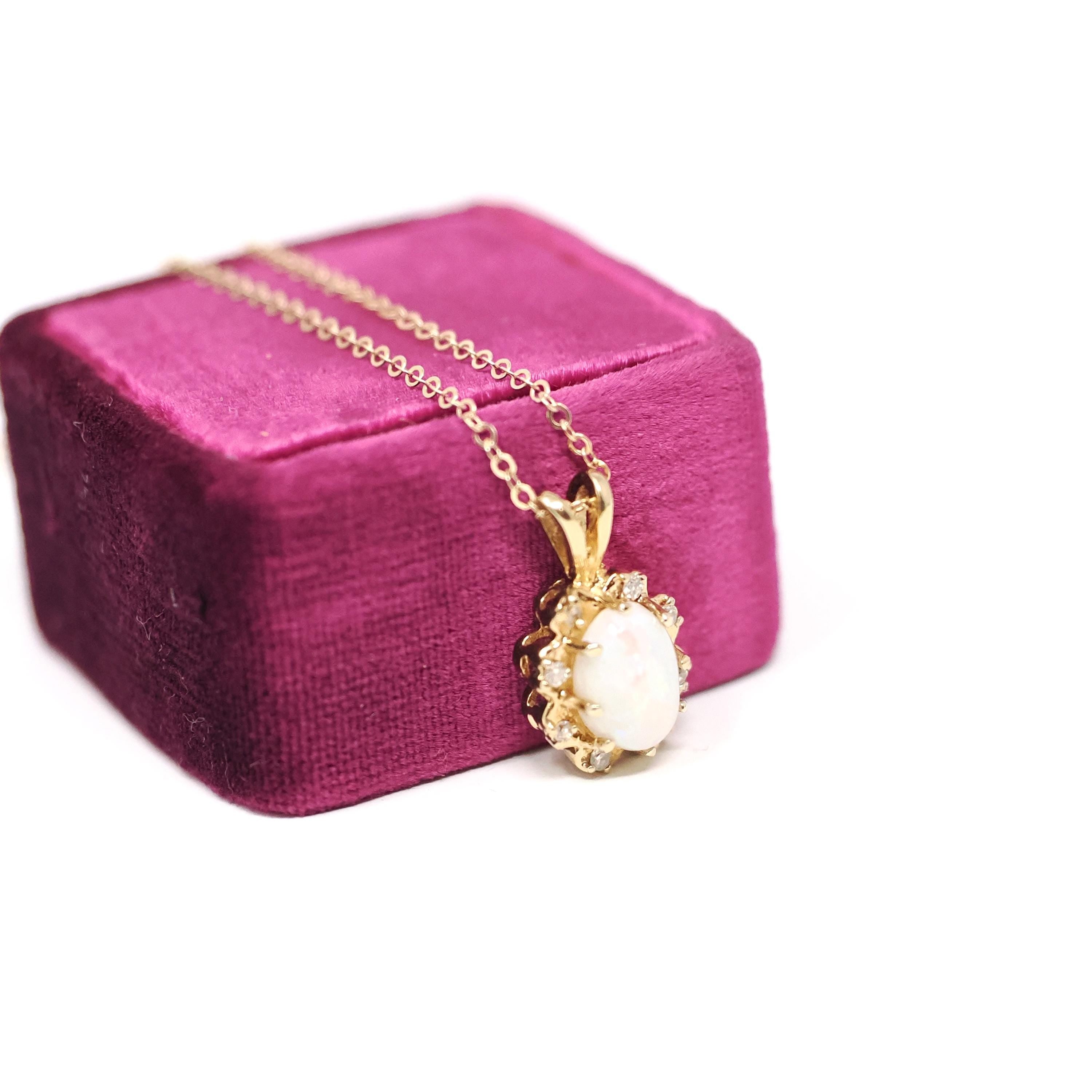 Opal & Diamond Pendant - Estate 14k Yellow Gold Oval Cabochon Cut 1.00 CT Gem Necklace - Modern Circa 2000's October Birthstone Fine Jewelry