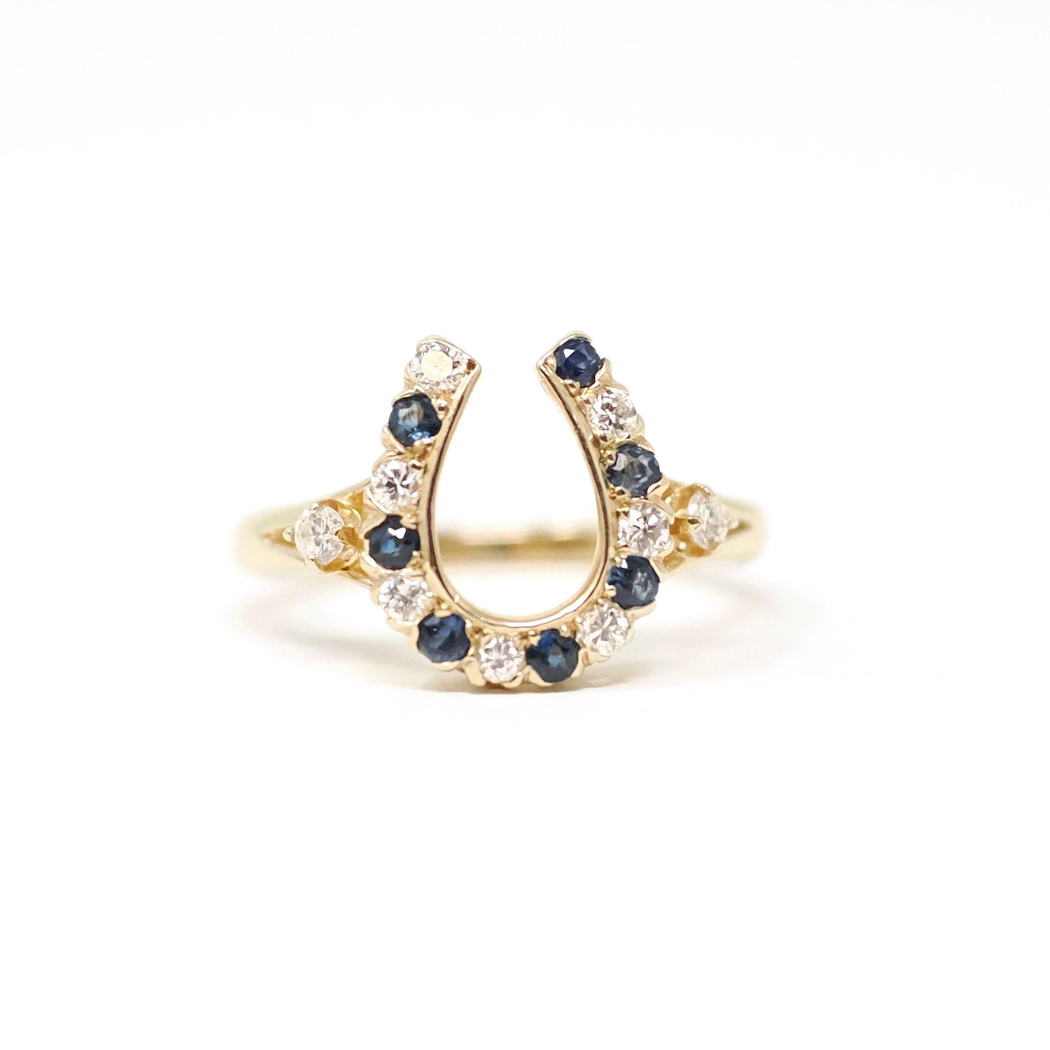 Vintage Horseshoe Ring - Modern 14k Yellow Gold Natural Diamond & Sapphire Equestrian Statement - Estate Circa 1990s Size 5 1/4 Fine Jewelry