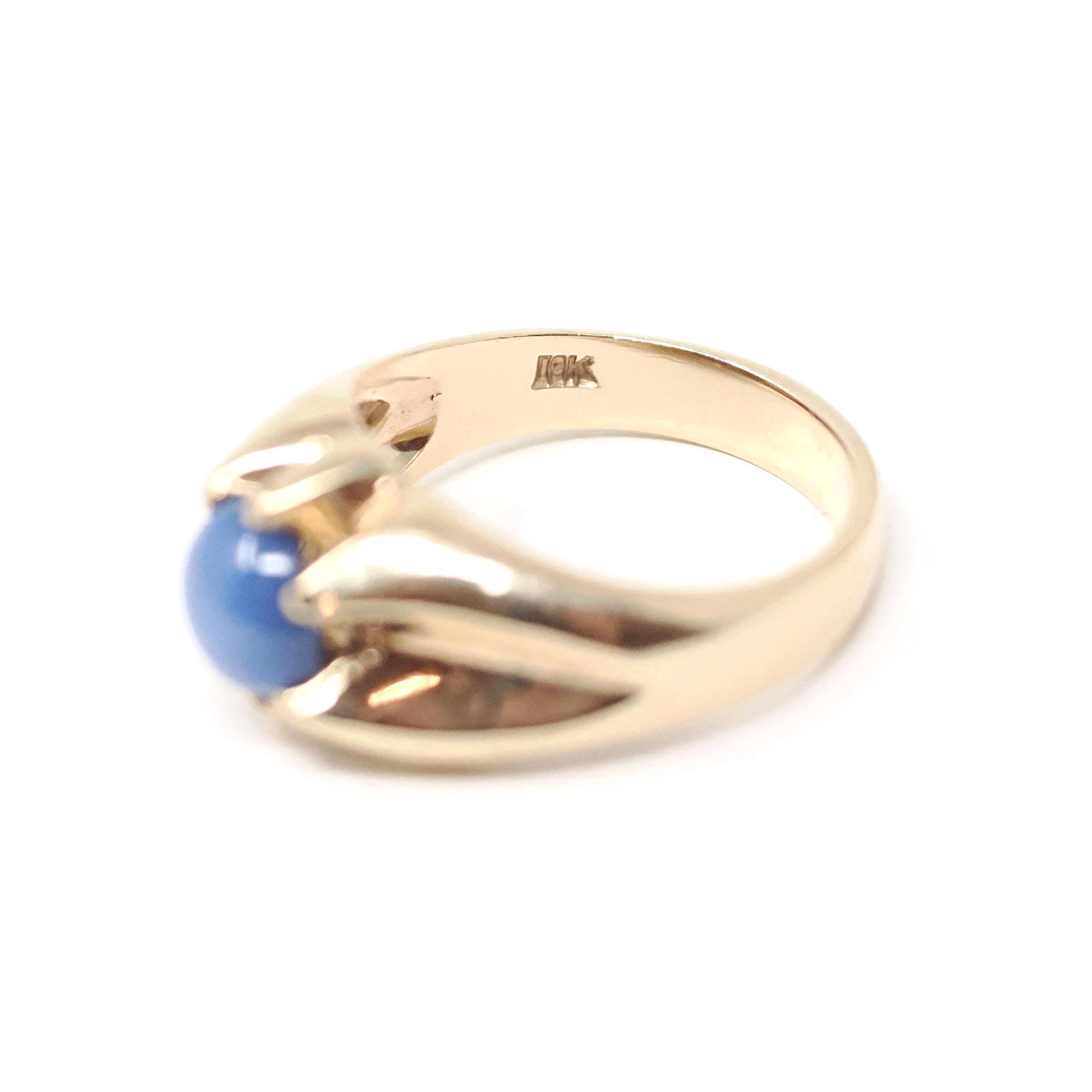 Created Star Sapphire Ring - Mid Century 10k Yellow Gold Blue Stone Statement - Vintage Circa 1940s Size 8 3/4 September Birthstone Jewelry