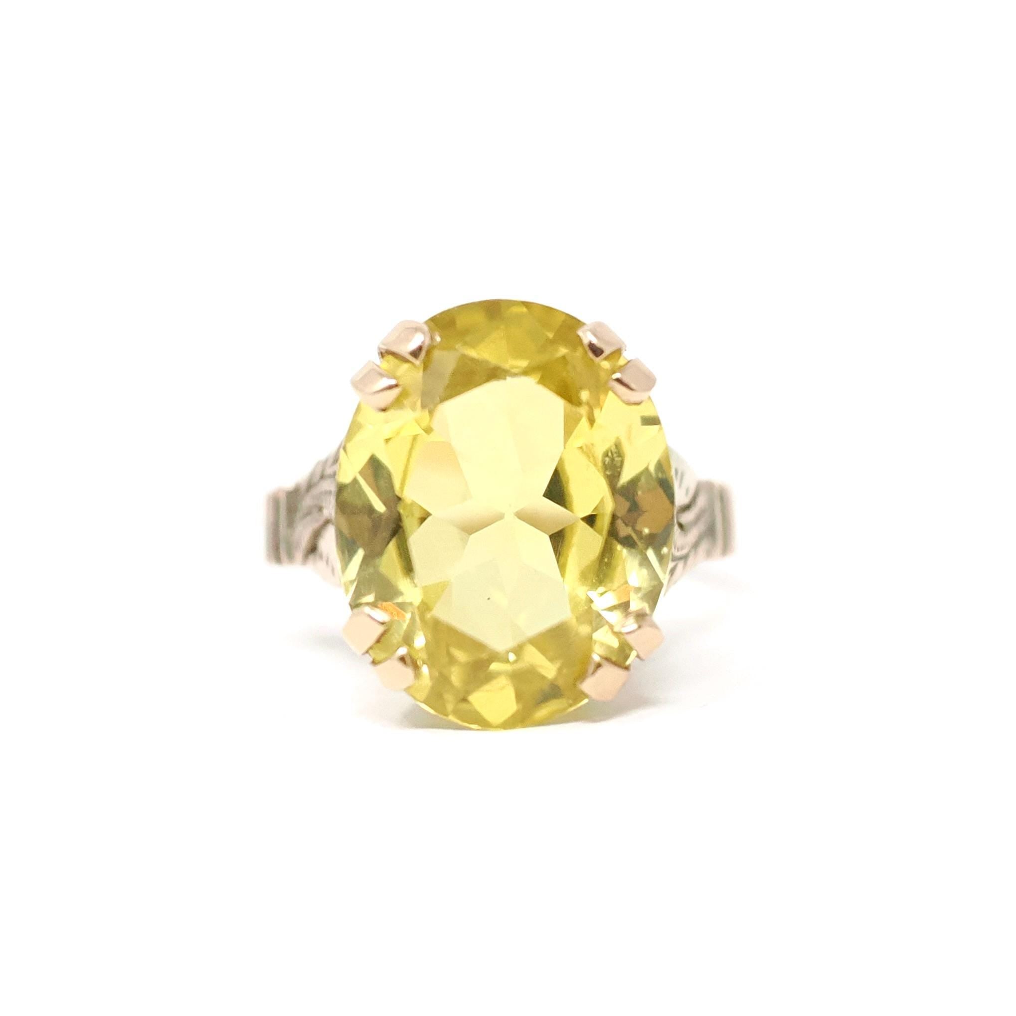 Vintage Created Yellow Sapphire Ring - Retro 10k Rosy Yellow Gold Oval Solitaire Gemstone - Circa 1940s Size 5 1/4 Statement Fine Jewelry