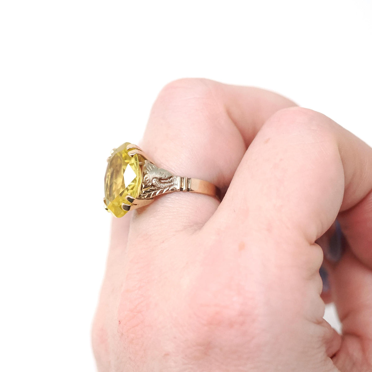 Vintage Created Yellow Sapphire Ring - Retro 10k Rosy Yellow Gold Oval Solitaire Gemstone - Circa 1940s Size 5 1/4 Statement Fine Jewelry
