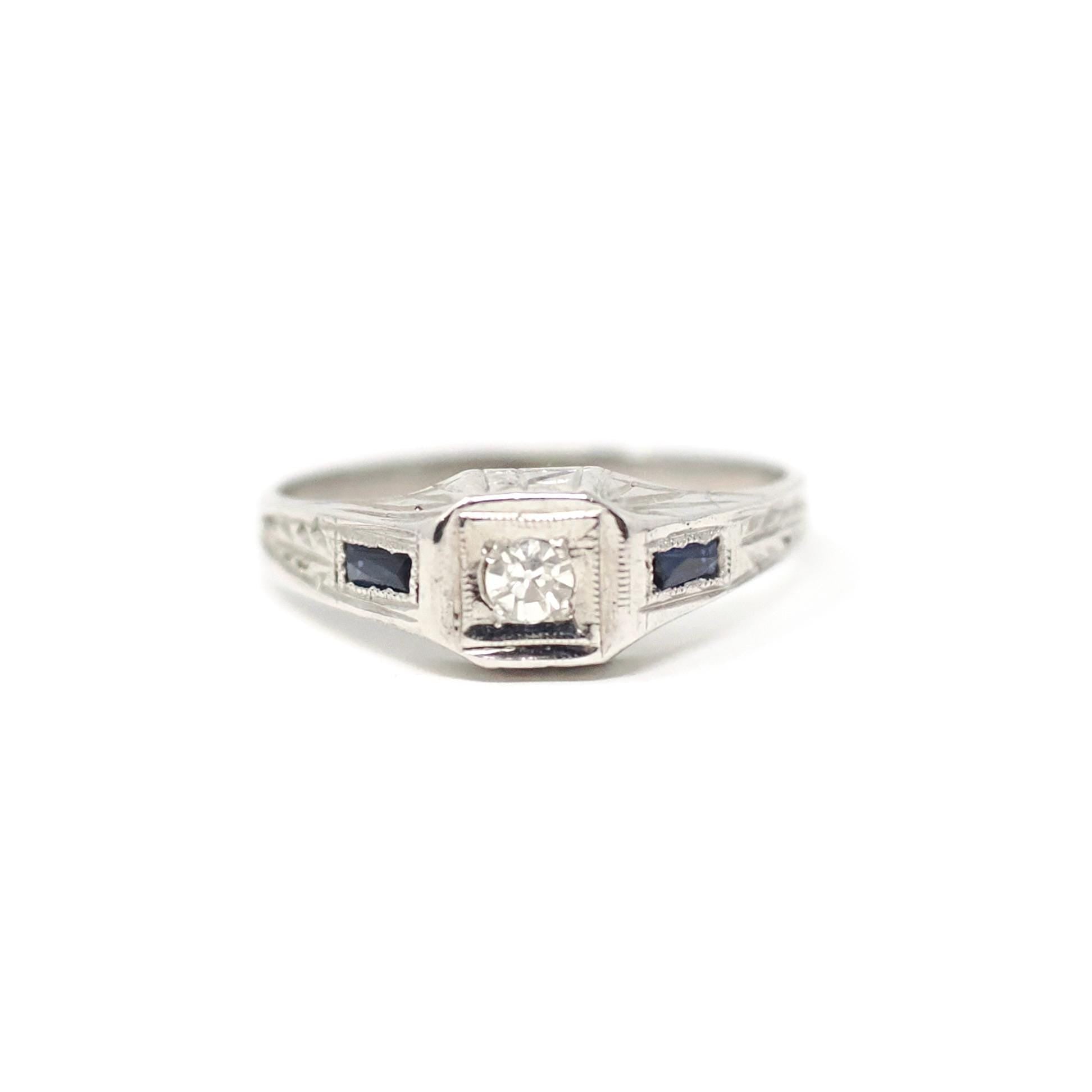 Art Deco Ring - Vintage 14k White Gold Dainty Natural Diamond & Created Blue Sapphire - Circa 1930s Era Size 4 1/2 Midi Pinky Fine Jewelry
