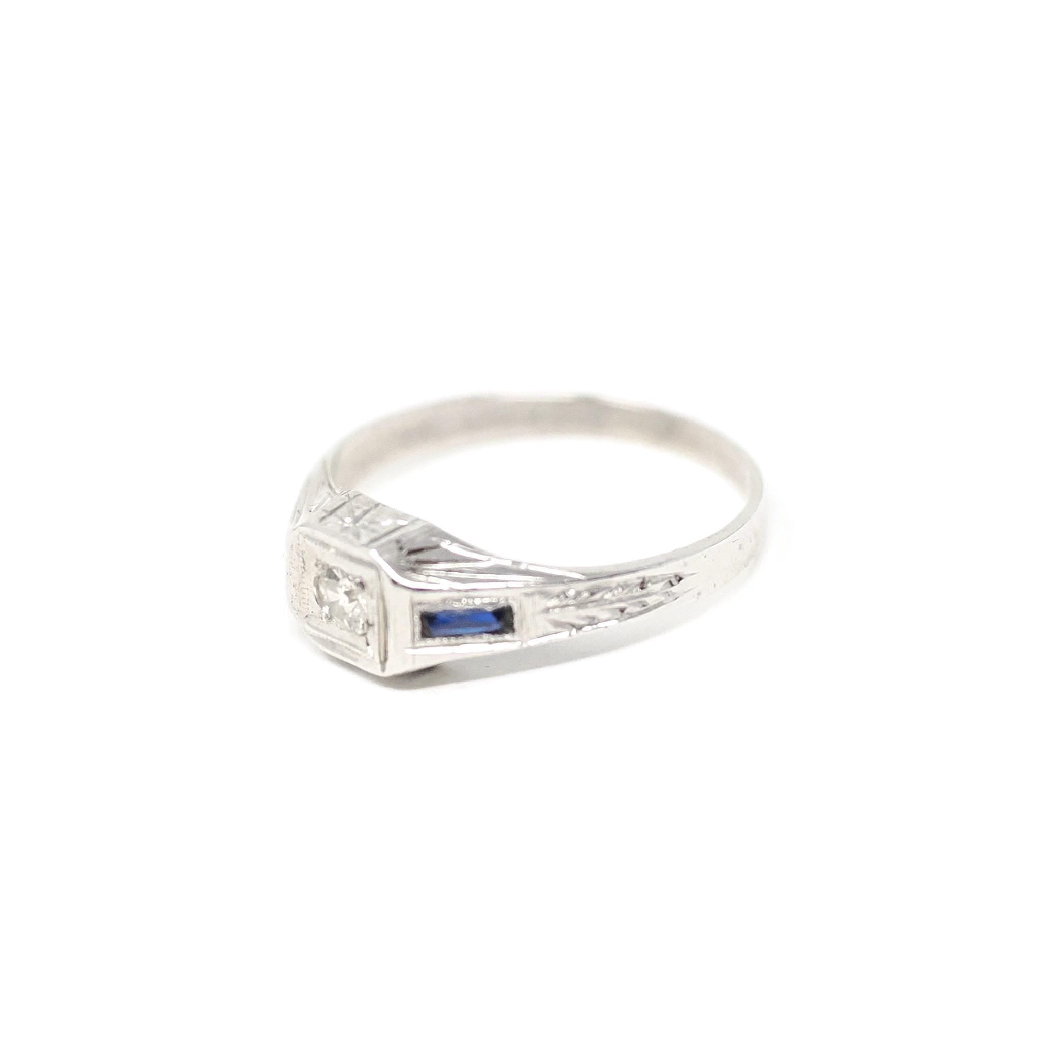 Art Deco Ring - Vintage 14k White Gold Dainty Natural Diamond & Created Blue Sapphire - Circa 1930s Era Size 4 1/2 Midi Pinky Fine Jewelry