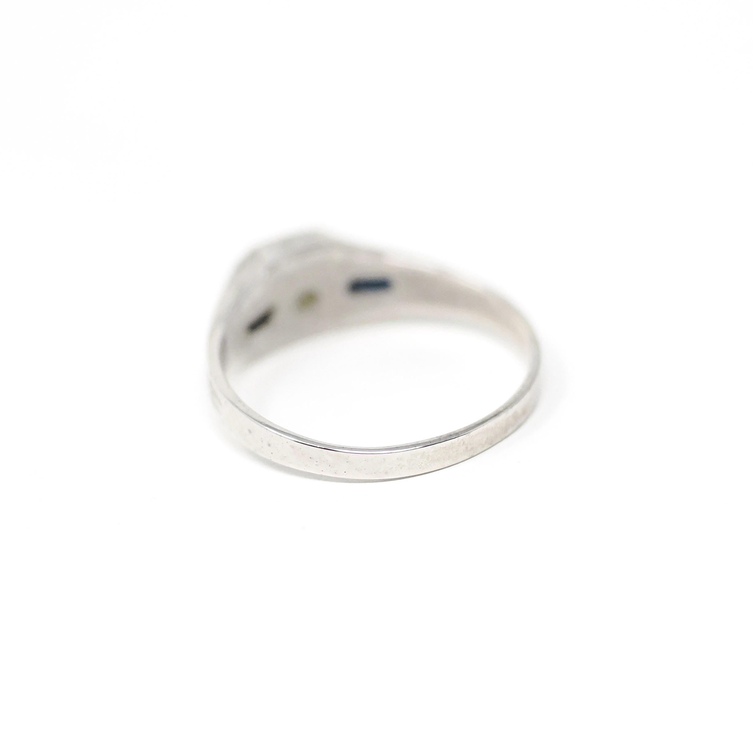 Art Deco Ring - Vintage 14k White Gold Dainty Natural Diamond & Created Blue Sapphire - Circa 1930s Era Size 4 1/2 Midi Pinky Fine Jewelry