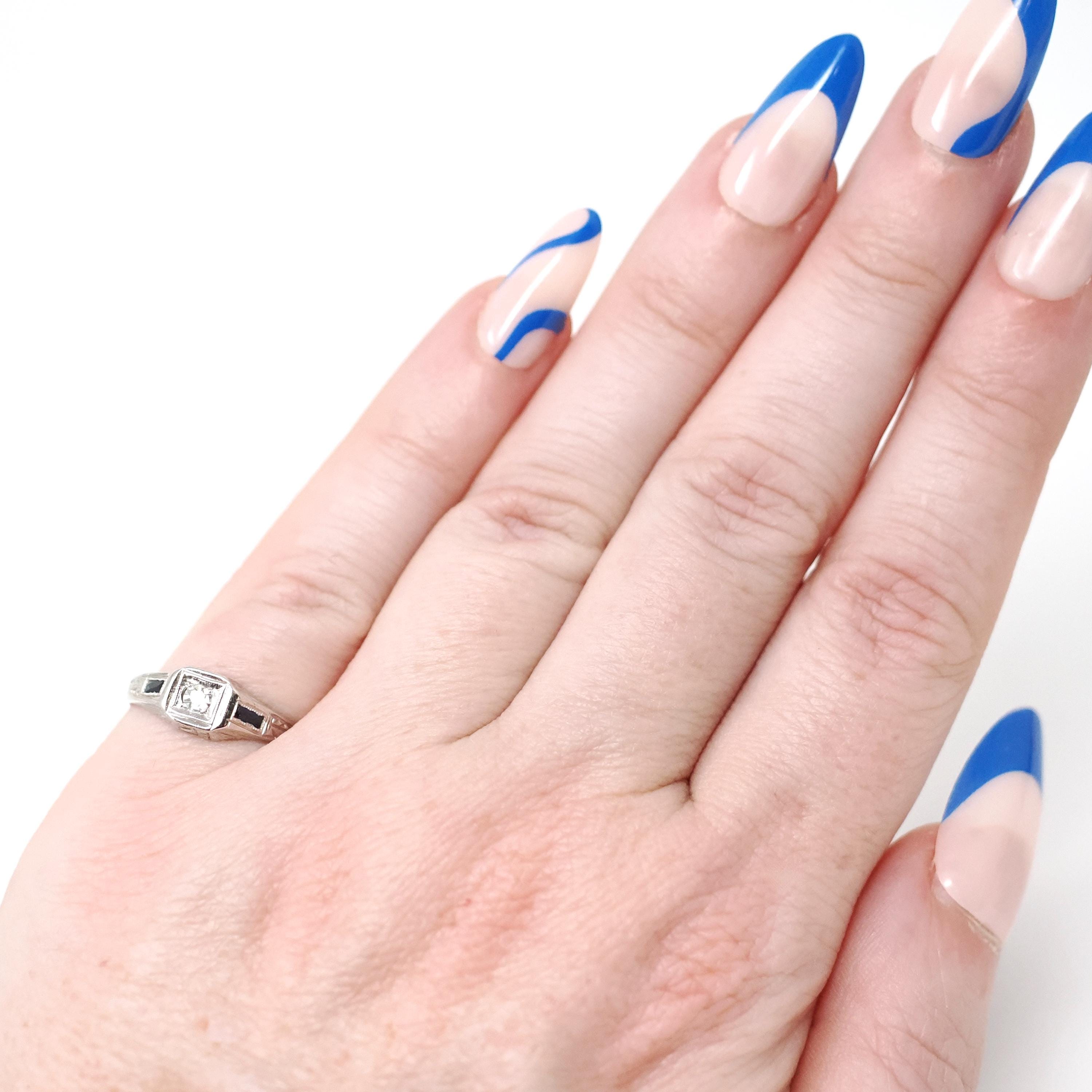 Art Deco Ring - Vintage 14k White Gold Dainty Natural Diamond & Created Blue Sapphire - Circa 1930s Era Size 4 1/2 Midi Pinky Fine Jewelry