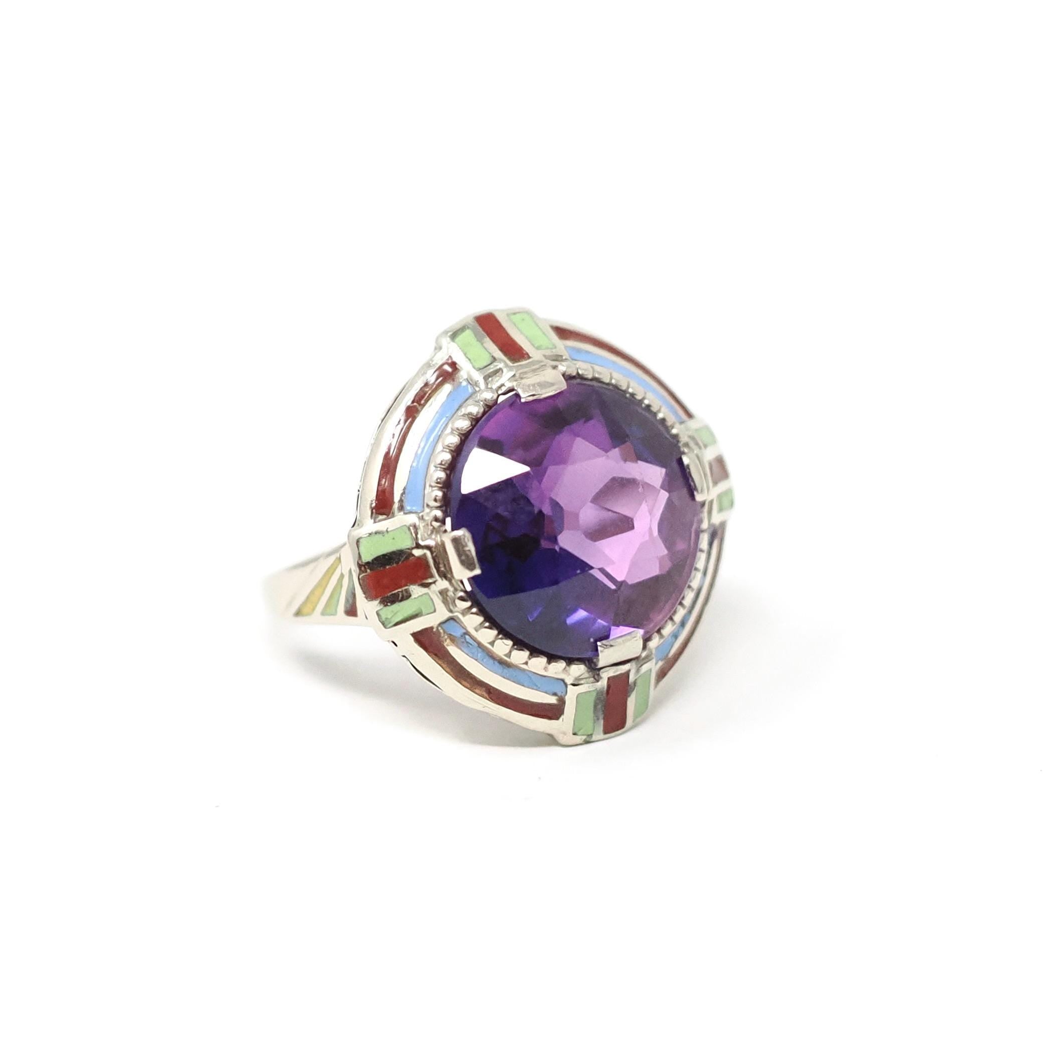Art Deco Ring - Vintage 14k White Gold Created Purple Sapphire Target - Circa 1930s Era Size 5 1/2 Cocktail Enamel Halo 30s Fine Jewelry