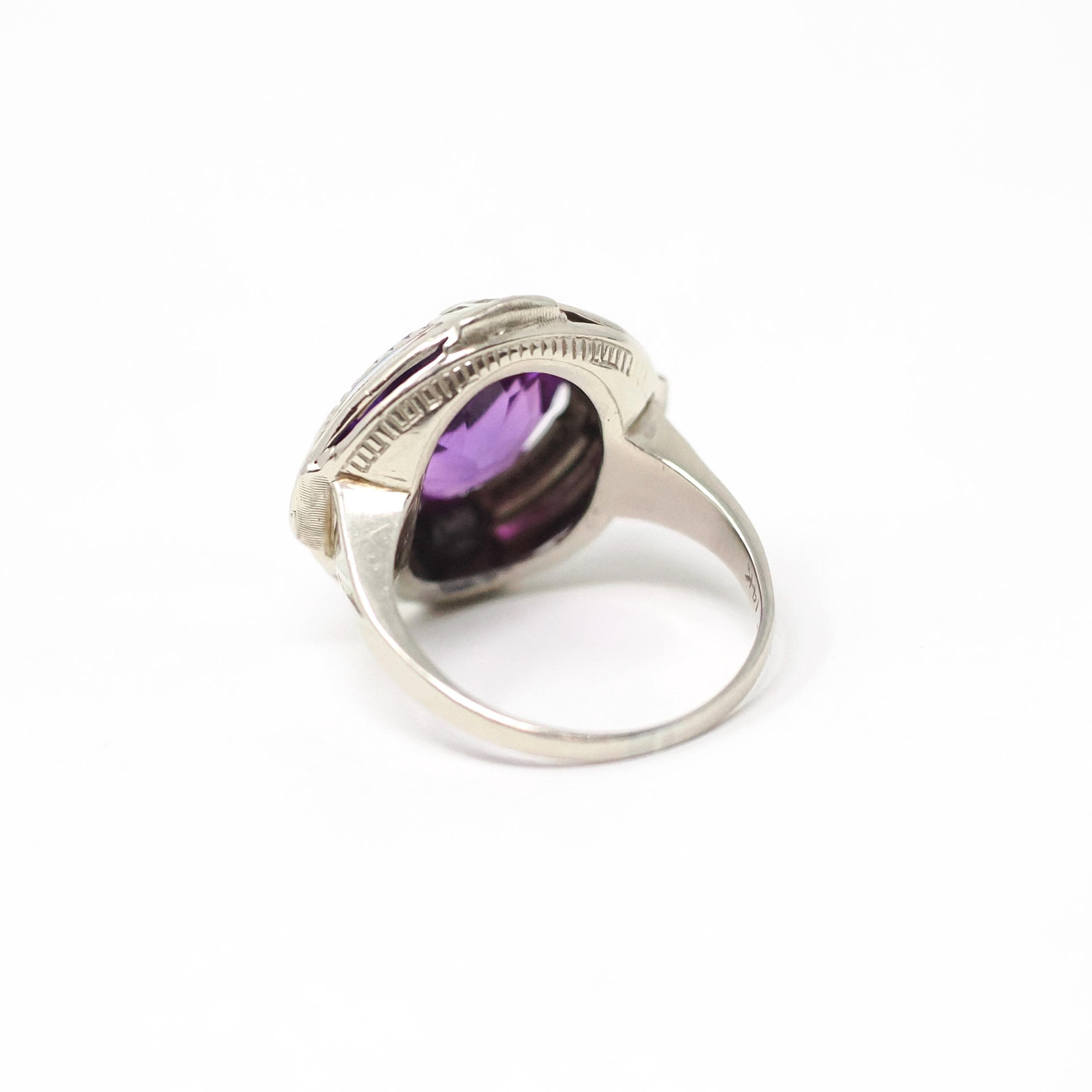 Art Deco Ring - Vintage 14k White Gold Created Purple Sapphire Target - Circa 1930s Era Size 5 1/2 Cocktail Enamel Halo 30s Fine Jewelry