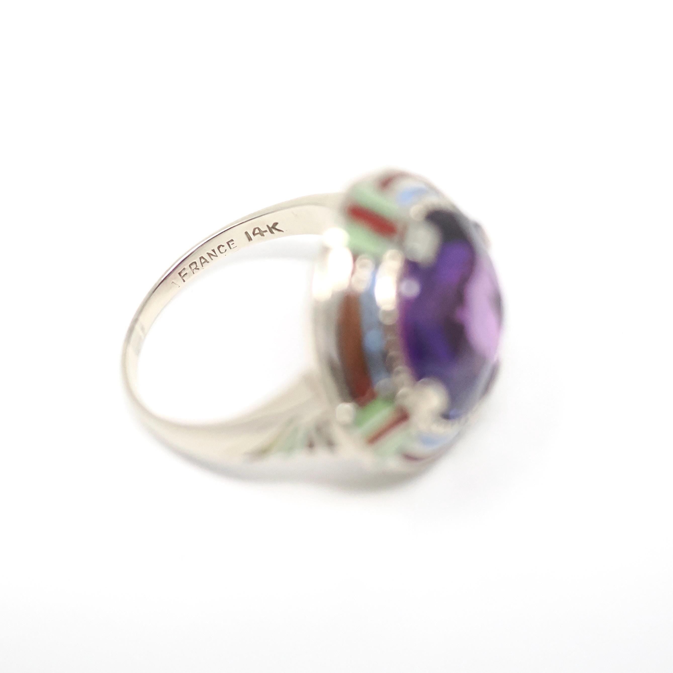 Art Deco Ring - Vintage 14k White Gold Created Purple Sapphire Target - Circa 1930s Era Size 5 1/2 Cocktail Enamel Halo 30s Fine Jewelry