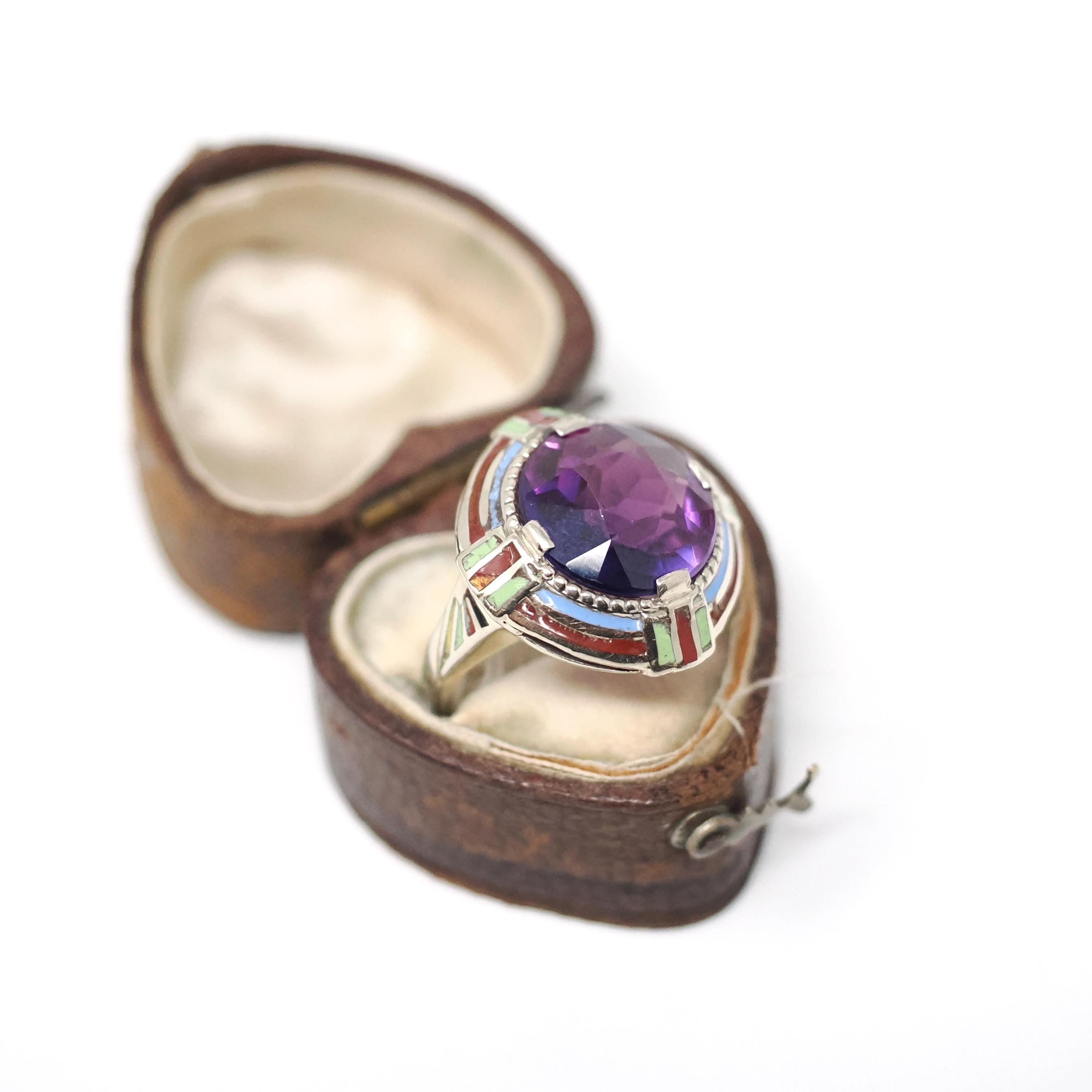 Art Deco Ring - Vintage 14k White Gold Created Purple Sapphire Target - Circa 1930s Era Size 5 1/2 Cocktail Enamel Halo 30s Fine Jewelry